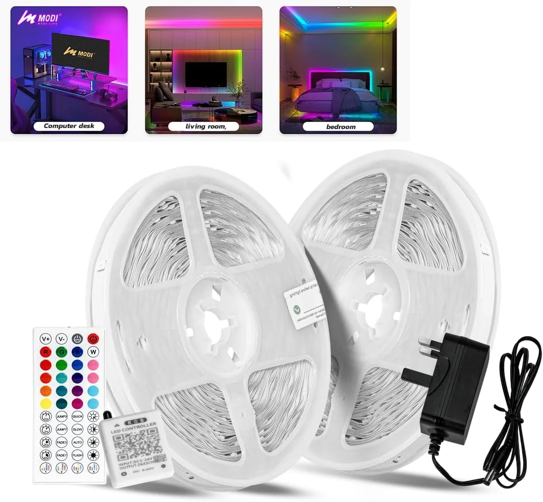 نوار نور ال ای دی RGB مودی لایف 30 متری - دوشاخه نوع G، همگام سازی موسیقی، کنترل از راه دور، 20+ رنگ، حالت تایمر، قابل تنظیم نور برای بازی، تلویزیون و دکور اتاق