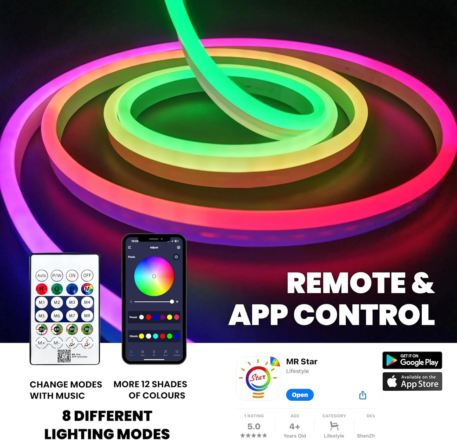 نوار نئون RGB مودی لایف، 5 متری - تغذیه از طریق USB، همگام سازی با موسیقی، کنترل از راه دور/برنامه، 8+ حالت رنگی، تنظیمات تایمر، طراحی فوق العاده باریک برای تلویزیون، کامپیوتر، دکور اتاق نوار نئون RGB مودی لایف، 5 متری - تغذیه از طریق USB، همگام سازی با موسیقی، کنترل از راه دور/برنامه، 8+ حالت رنگی، تنظیمات تایمر، طراحی فوق العاده باریک برای تلویزیون، کامپیوتر، دکور اتاق
