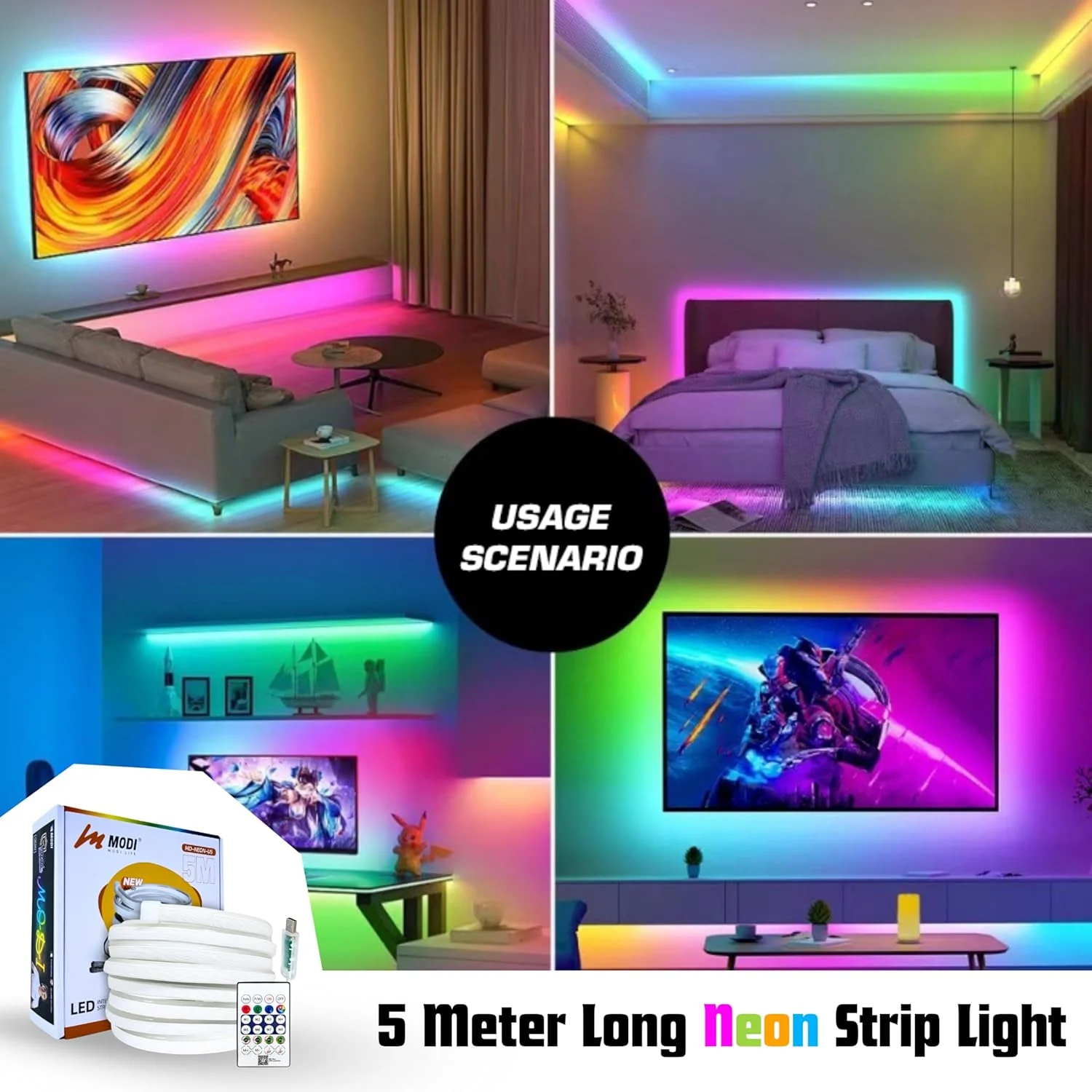 نوار نئون RGB مودی لایف، 5 متری - تغذیه از طریق USB، همگام سازی با موسیقی، کنترل از راه دور/برنامه، 8+ حالت رنگی، تنظیمات تایمر، طراحی فوق العاده باریک برای تلویزیون، کامپیوتر، دکور اتاق نوار نئون RGB مودی لایف، 5 متری - تغذیه از طریق USB، همگام سازی با موسیقی، کنترل از راه دور/برنامه، 8+ حالت رنگی، تنظیمات تایمر، طراحی فوق العاده باریک برای تلویزیون، کامپیوتر، دکور اتاق