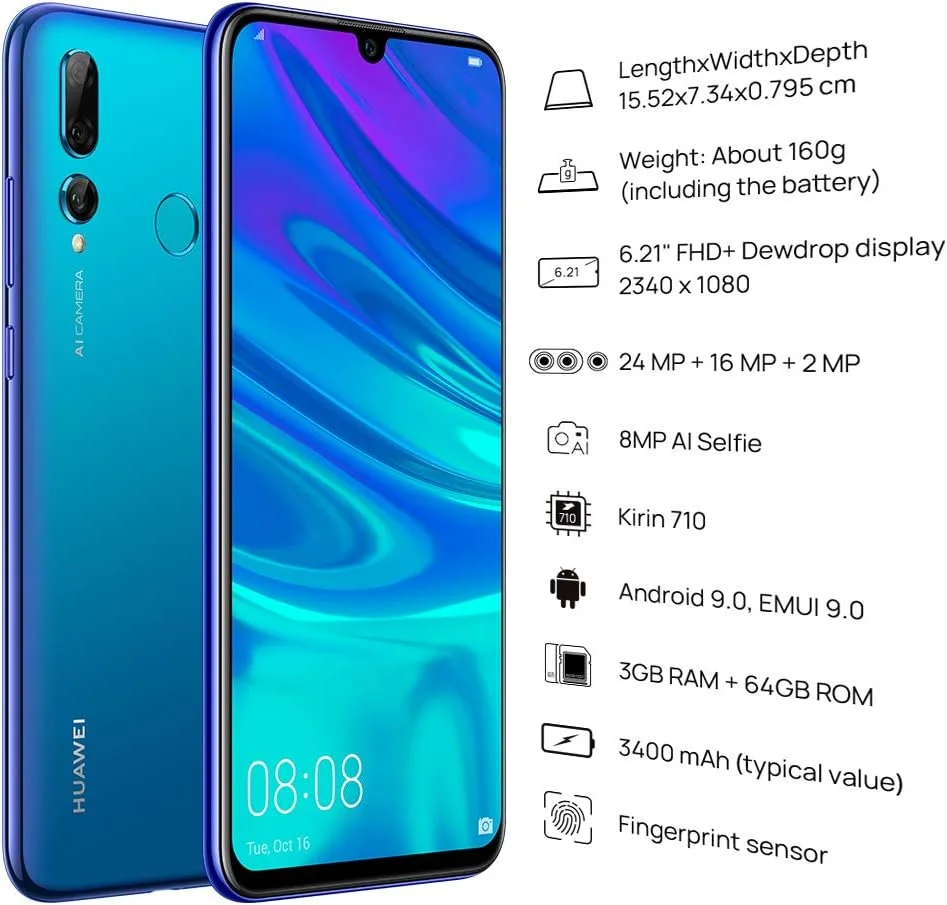 گوشی موبایل هوآوی P Smart+ 2019 با حافظه 64 گیگابایت، صفحه نمایش 6.21 اینچی FHD+ Dewdrop FullView، دوربین سه گانه فوق عریض، اندروید بدون سیم کارت، باتری بزرگ 3400 میلی آمپر، نسخه انگلستان، آبی استارلایت