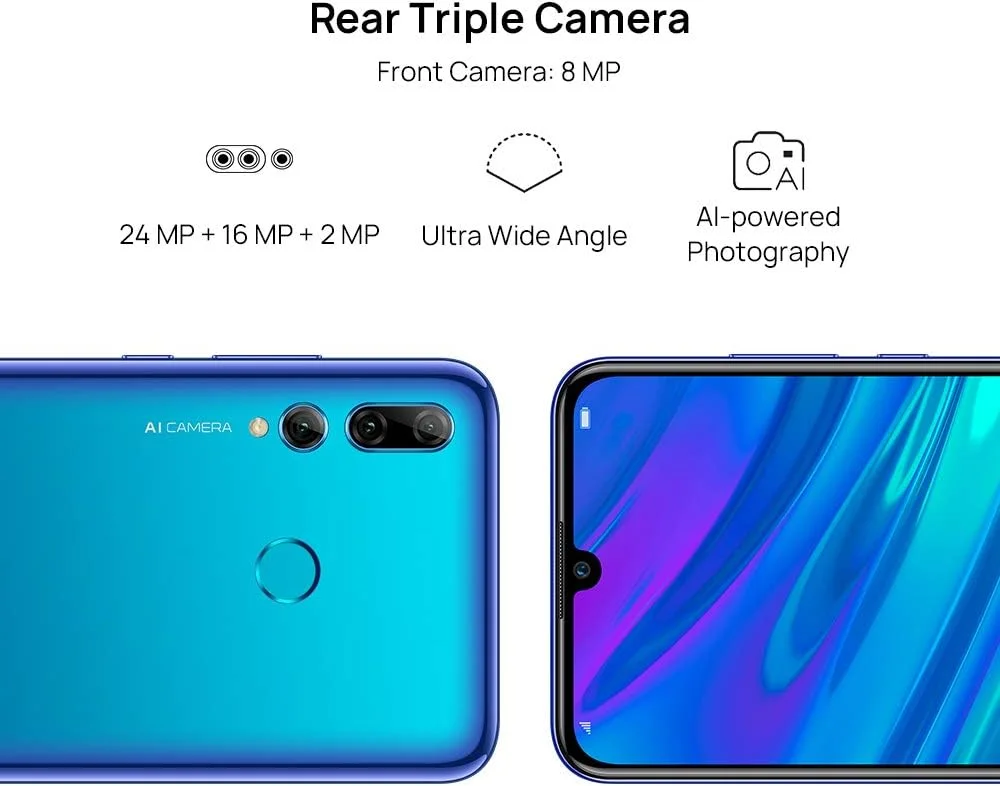 گوشی موبایل هوآوی P Smart+ 2019 با حافظه 64 گیگابایت، صفحه نمایش 6.21 اینچی FHD+ Dewdrop FullView، دوربین سه گانه فوق عریض، اندروید بدون سیم کارت، باتری بزرگ 3400 میلی آمپر، نسخه انگلستان، آبی استارلایت