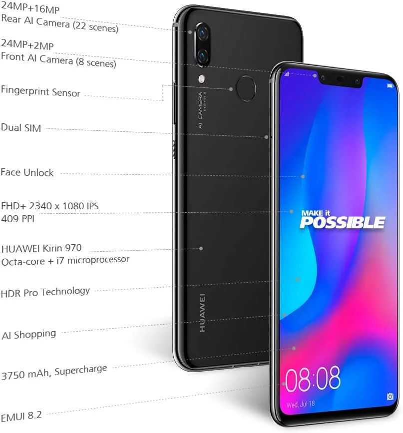 گوشی موبایل هوآوی نوا 3 دو سیم کارت - 128 گیگابایت حافظه داخلی، 4 گیگابایت رم، 4G LTE، مشکی گوشی موبایل هوآوی نوا 3 دو سیم کارت - 128 گیگابایت حافظه داخلی، 4 گیگابایت رم، 4G LTE، مشکی