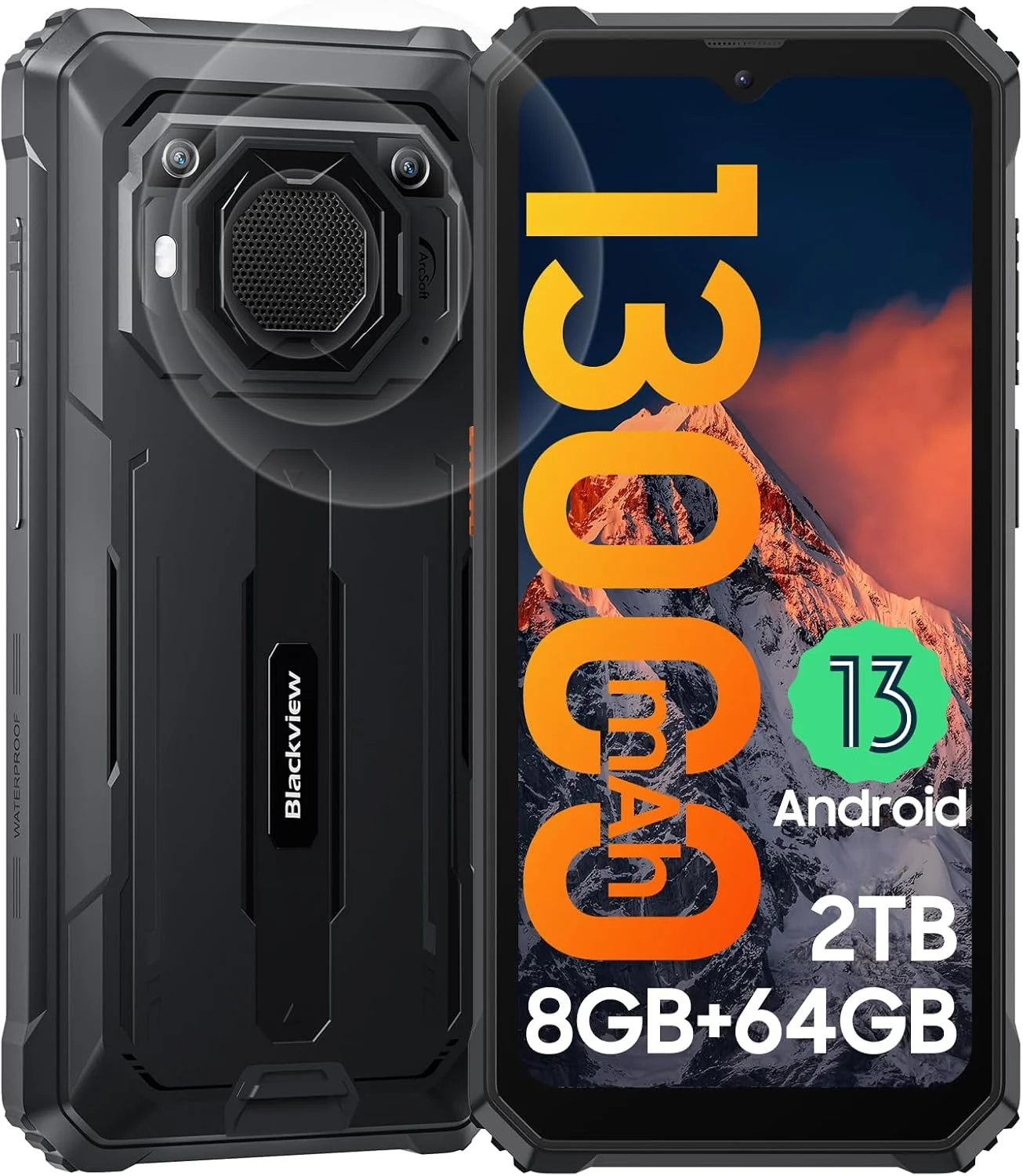 گوشی هوشمند مقاوم Blackview آنلاک شده، گوشی های مقاوم BV6200 مدل 2023، باتری 13000 میلی آمپر ساعتی با شارژ سریع 18 واتی، اندروید 13، 8 گیگابایت + 64 گیگابایت / 2 ترابایت قابل ارتقا، تلفن های همراه ضد آب، سه اسلات کارت، صفحه نمایش 6.56 اینچی، T-Mobile