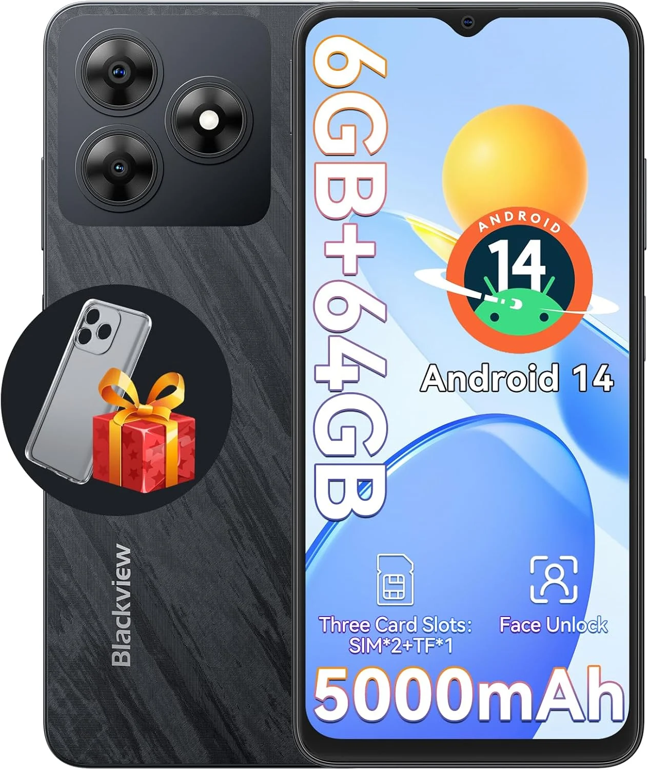 گوشی های اندروید آنلاک Blackview Wave 8C، گوشی های آنلاک اندروید 14، هشت هسته ای 6 گیگابایت + 64 گیگابایت/SD 2 ترابایت، تلفن هوشمند 5000 میلی آمپر ساعتی، 6.56 اینچ HD، 2 سال گارانتی، 3 اسلات کارت، 4G دو سیم کارت T-Mobile، جک هدفون 3.5 میلی متری