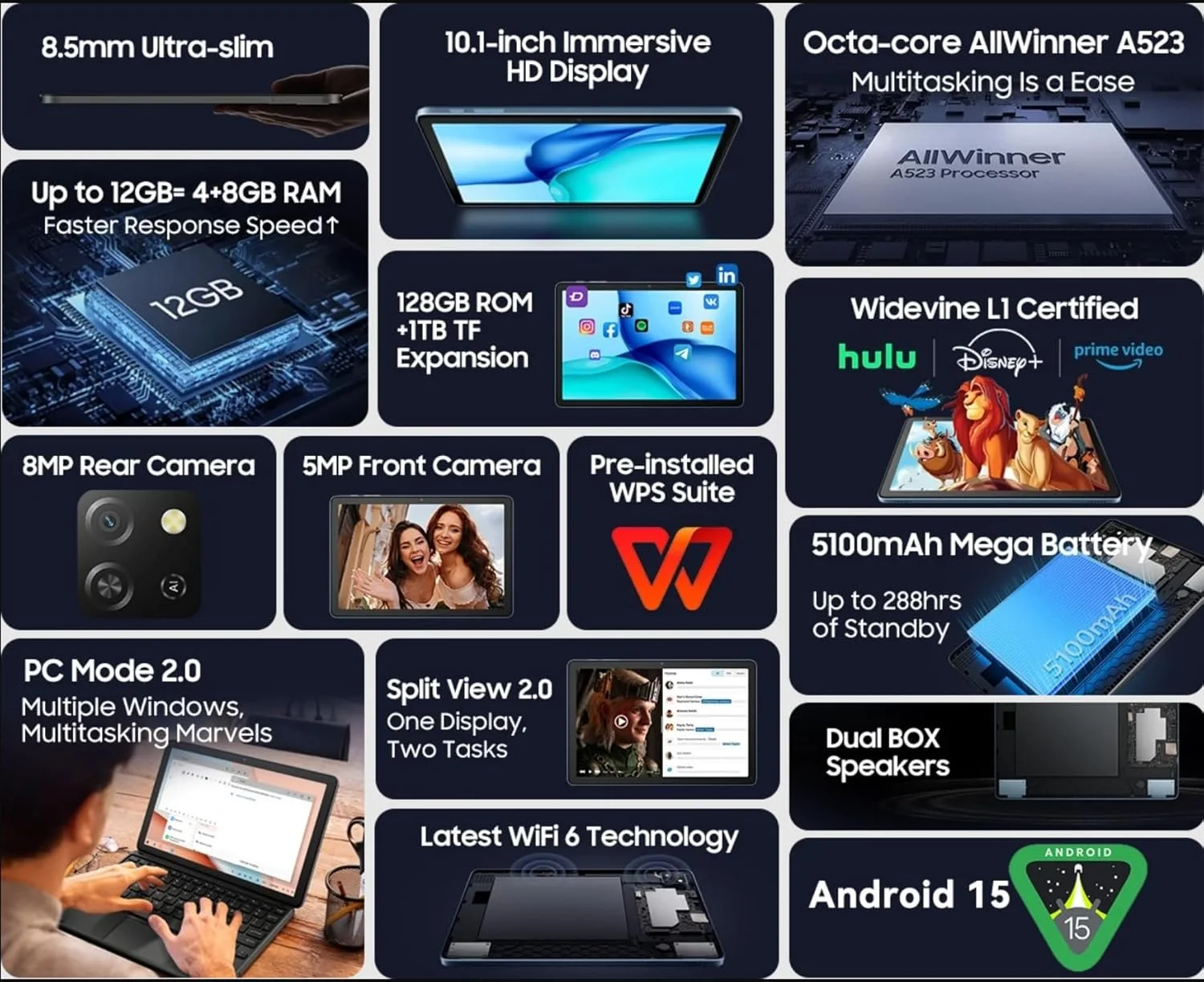 تبلت اندروید 15 Blackview Tab 60 Pro، 24 گیگابایت + 128 گیگابایت (SD خارجی 1 ترابایتی)، تبلت 10.1 اینچی HD+، باتری 7700 میلی آمپر ساعتی، دو سیم کارت دوگانه 4G WiFi 5، 5MP+13MP، 8.5 میلی متر فوق العاده ظریف، بلندگوهای دوگانه باکس، GPS، خاکستری