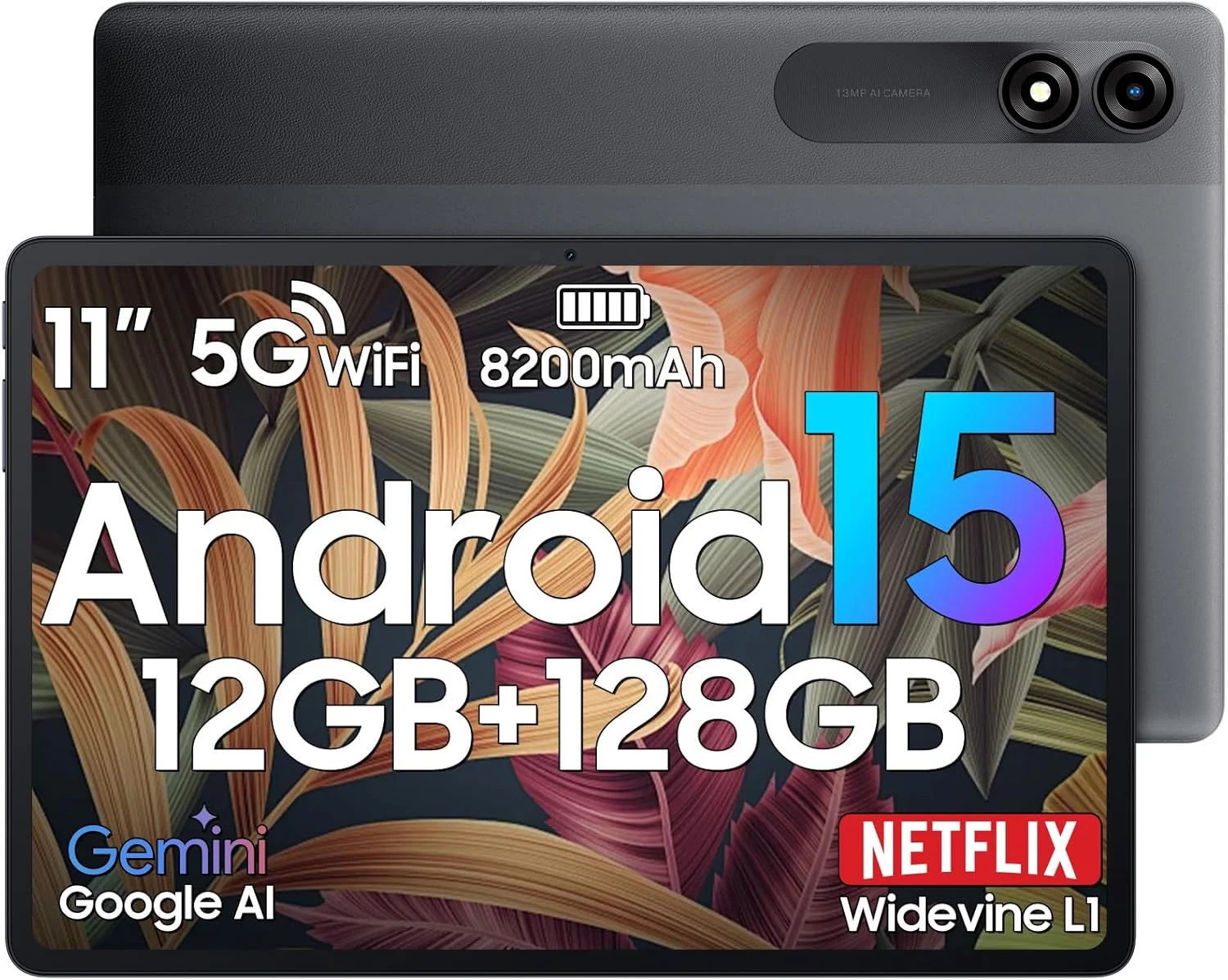 تبلت اندروید Blackview با Gemini Ai 2.0، تبلت 11 اینچی با 12 گیگابایت + 128 گیگابایت/2 ترابایت TF، تبلت های وای فای 5G، پردازنده هشت هسته ای، 8200mAh/شارژ سریع، 120HZ/13MP+8MP Ai / Face ID، خاکستری