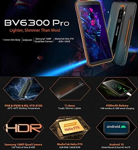 گوشی مقاوم Blackview BV6300 Pro، 6 گیگابایت رم + 128 گیگابایت حافظه داخلی، ضد آب، ضد گرد و غبار، ضد ضربه، دوربین چهارگانه پشتی، باتری 4380 میلی آمپر ساعتی، اندروید 10.0 اینچی 5.7، 4G (مشکی) گوشی مقاوم Blackview BV6300 Pro، 6 گیگابایت رم + 128 گیگابایت حافظه داخلی، ضد آب، ضد گرد و غبار، ضد ضربه، دوربین چهارگانه پشتی، باتری 4380 میلی آمپر ساعتی، اندروید 10.0 اینچی 5.7، 4G (مشکی)