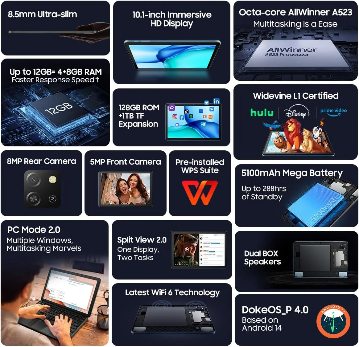 تبلت Blackview Tab 60 WiFi با اندروید 14، رم 12 گیگابایت + حافظه 128 گیگابایت (قابل ارتقا تا 1 ترابایت)، صفحه نمایش 10.1 اینچی HD+، باتری 5100 میلی آمپر، دوربین 5 مگاپیکسل + 13 مگاپیکسل، ضخامت فوق العاده باریک 8.5 میلی متر، WiFi 6، بلندگوهای دوگانه، بازگشایی قفل با چهره، خاکستری