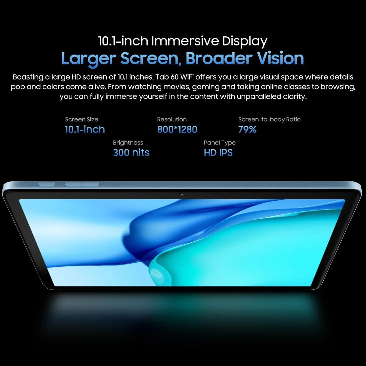 تبلت Blackview Tab 60 WiFi با اندروید 14، رم 12 گیگابایت + حافظه 128 گیگابایت (قابل ارتقا تا 1 ترابایت)، صفحه نمایش 10.1 اینچی HD+، باتری 5100 میلی آمپر، دوربین 5 مگاپیکسل + 13 مگاپیکسل، ضخامت فوق العاده باریک 8.5 میلی متر، WiFi 6، بلندگوهای دوگانه، بازگشایی قفل با چهره، خاکستری