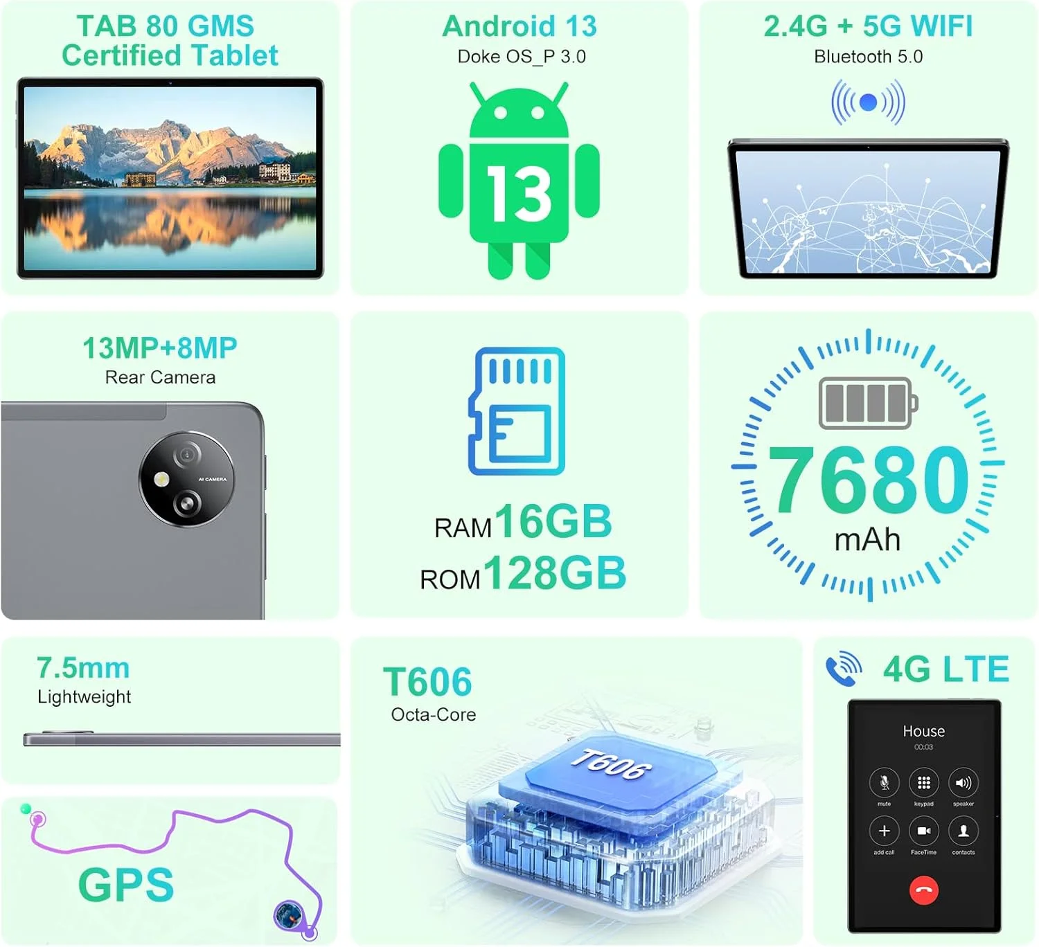 تبلت Blackview Tab 80 با صفحه نمایش 10.1 اینچی، اندروید 13، حافظه 16 گیگابایت + 128 گیگابایت/TF 1 ترابایت، دو سیم کارت 4G LTE + وای فای 5G/2.4G، تبلت گیمینگ هشت هسته ای، باتری 7680 میلی آمپر، دوربین دوگانه 13 مگاپیکسل + 8 مگاپیکسل، Type-C/Face ID/GPS/OTG - خاکستری