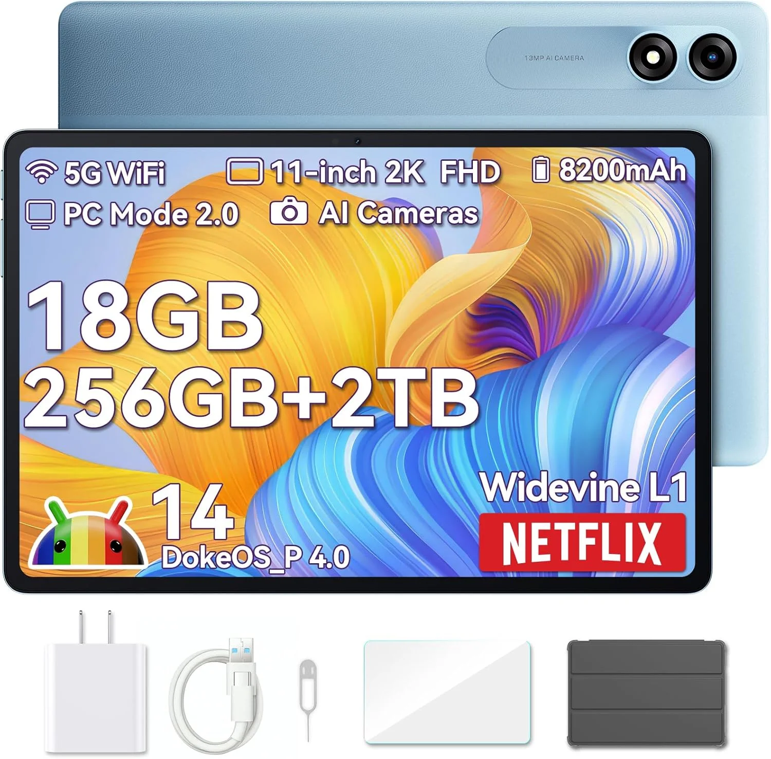 تبلت Blackview 2025، تبلت اندرویدی 11 اینچی با 18 گیگابایت رم + 256 گیگابایت حافظه (قابل ارتقا تا 2 ترابایت)، تبلت های Tab 9 WiFi اندروید 14 با صفحه نمایش 2.4K FHD، Widevine L1، 8200mAh، وای فای 5G، 13MP+8MP/Face ID/PC Mode، آبی
