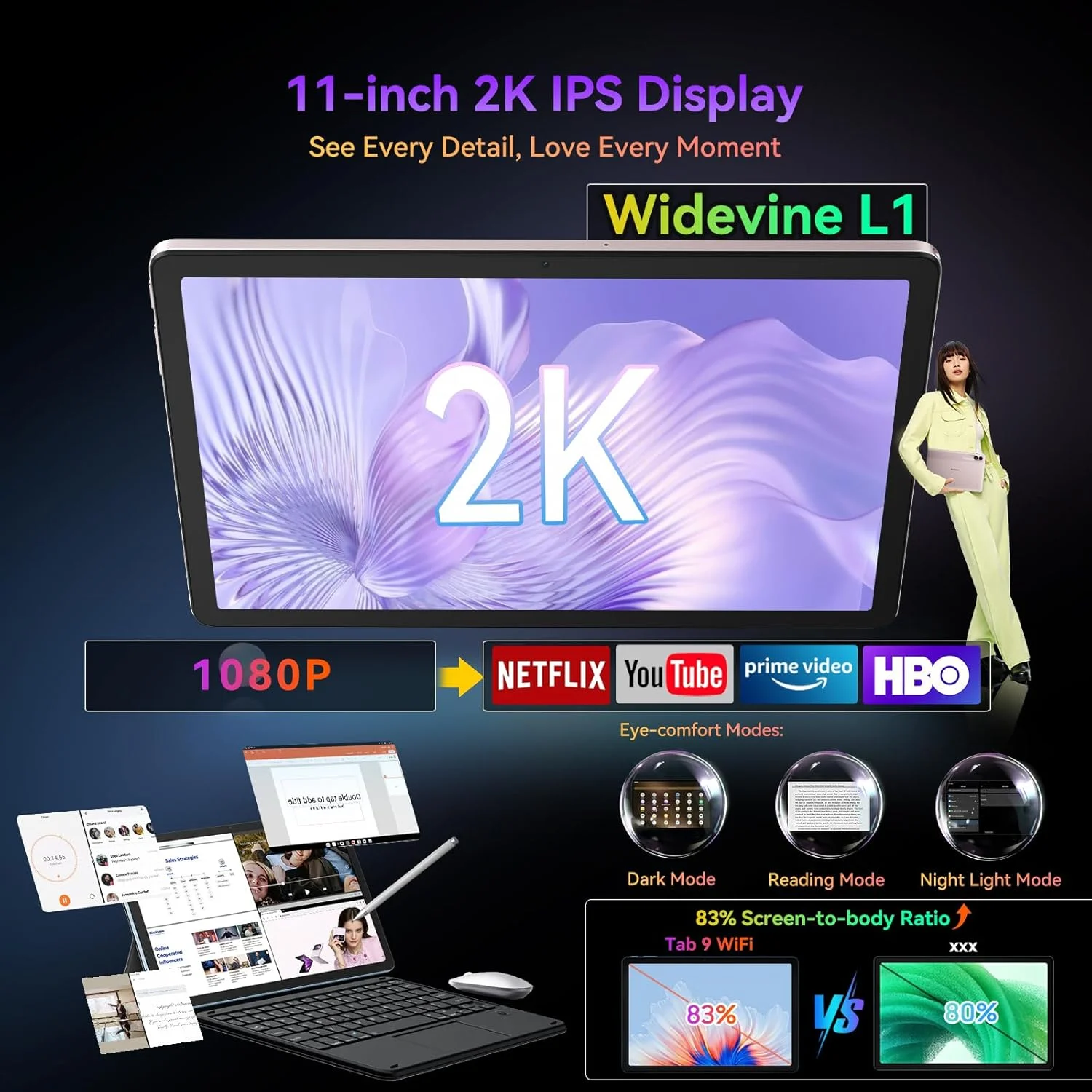 تبلت Blackview 2025، تبلت اندرویدی 11 اینچی با 18 گیگابایت رم + 256 گیگابایت حافظه (قابل ارتقا تا 2 ترابایت)، تبلت های Tab 9 WiFi اندروید 14 با صفحه نمایش 2.4K FHD، Widevine L1، 8200mAh، وای فای 5G، 13MP+8MP/Face ID/PC Mode، آبی