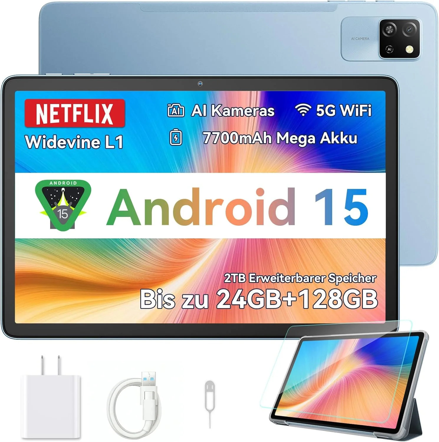 تبلت اندروید 15 Blackview Tab60 Pro، تبلت لمسی 10 اینچی، 24 گیگابایت رم + 128 گیگابایت رام (TF 2 ترابایت)، هشت هسته ای، 4G LTE+5G WiFi، 7700mAh، تبلت با Widevine L1/Face ID/GMS/GPS