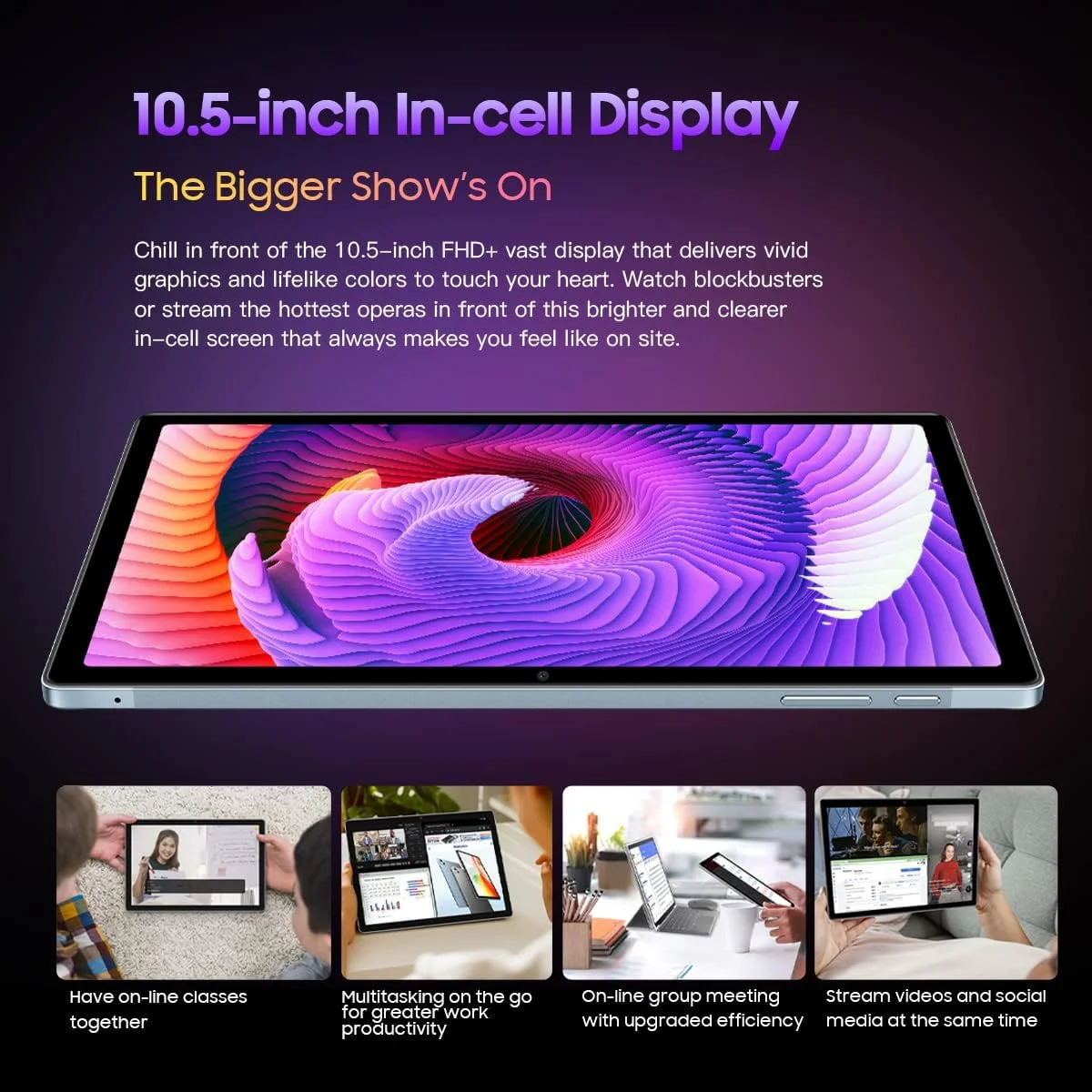 تبلت Blackview Tab 15 PRO با صفحه نمایش 10.5 اینچی FHD+، اندروید 12، 14 گیگابایت رم + 256 گیگابایت حافظه (قابل ارتقا تا 1 ترابایت)، ضخامت 7.3 میلی‌متر و باتری 8280 میلی‌آمپر، Widevine L1، دو سیم‌کارت 4G LTE + WiFi، دوربین 13 مگاپیکسل + 8 مگاپیکسل، استریو چهارگانه