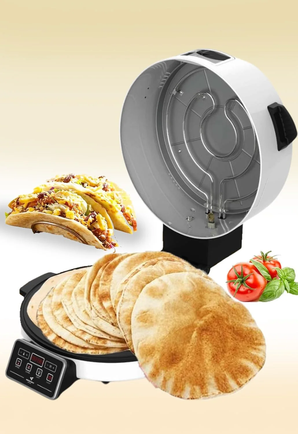 نان ساز برقی عربی مباشی، صفحه پخت 40 سانتی متری، نمایشگر LED، تمام مس، پنل کنترل لمسی، 2200 وات، سفید (ME-HBM150)