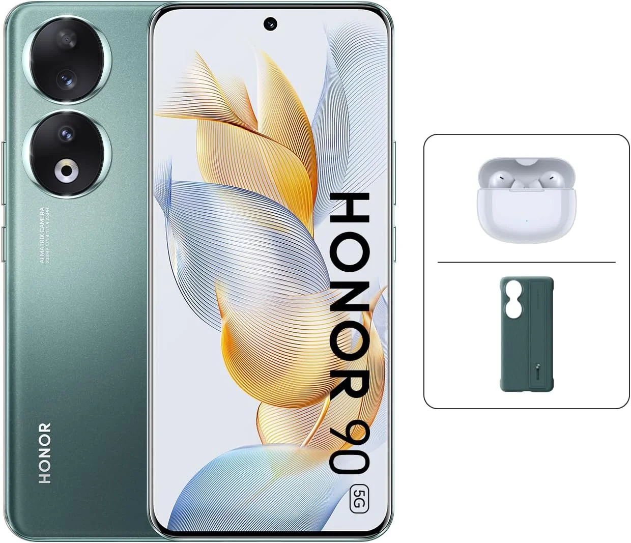 گوشی هوشمند آنر 90 5G، دوربین سه گانه 200 مگاپیکسلی، صفحه نمایش 6.7 اینچی خمیده AMOLED 120 هرتز، 8 گیگابایت + 256 گیگابایت، باتری 5000 میلی آمپر ساعتی، سوپرشارژ 66 واتی، اندروید 13، سبز زمردی و هدفون های آنر x3 لایت و کاور (سبز)