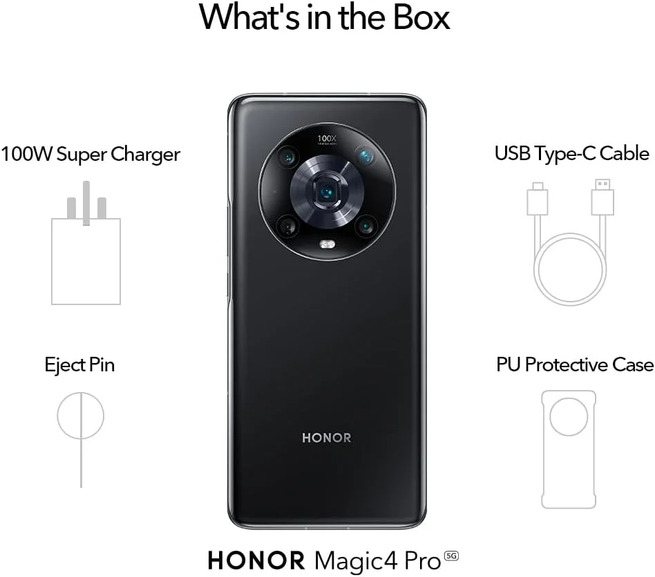 گوشی هوشمند آنر Magic4 Pro - 5G، حافظه 256 گیگابایت + رم 8 گیگابایت، صفحه نمایش خمیده 6.81 اینچی 120 هرتز، پردازنده Snapdragon 8 Gen 1، دوربین سه گانه 50 مگاپیکسلی، شارژ فوق العاده 100 واتی، باتری 4600 میلی آمپر ساعتی، NFC، IP68، دو سیم کارت، اندروید 12، مشکی