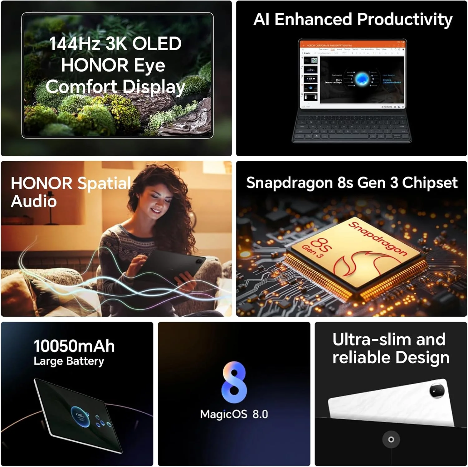 تبلت آنر Magic Pad 2 با 12 گیگابایت رم و 256 گیگابایت حافظه داخلی، صفحه نمایش 12.3 اینچی 144 هرتز OLED، پردازنده Snapdragon 8s Gen 3، 8 بلندگو، باتری 10050 میلی آمپر ساعتی با شارژ سریع 66 واتی، بدنه فلزی، اندروید 14، تبلت وای فای با سرویس گوگل، سفید