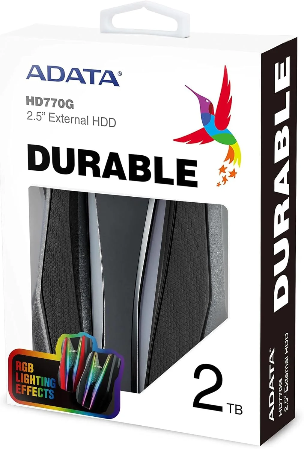 هارد اکسترنال ای دیتا HD770، 2.5 اینچی، USB 3.2، ظرفیت 2 ترابایت، مشکی، طراحی مقاوم، نورپردازی RGB، ضد آب و گرد و غبار IP68، مقاوم در برابر ضربه