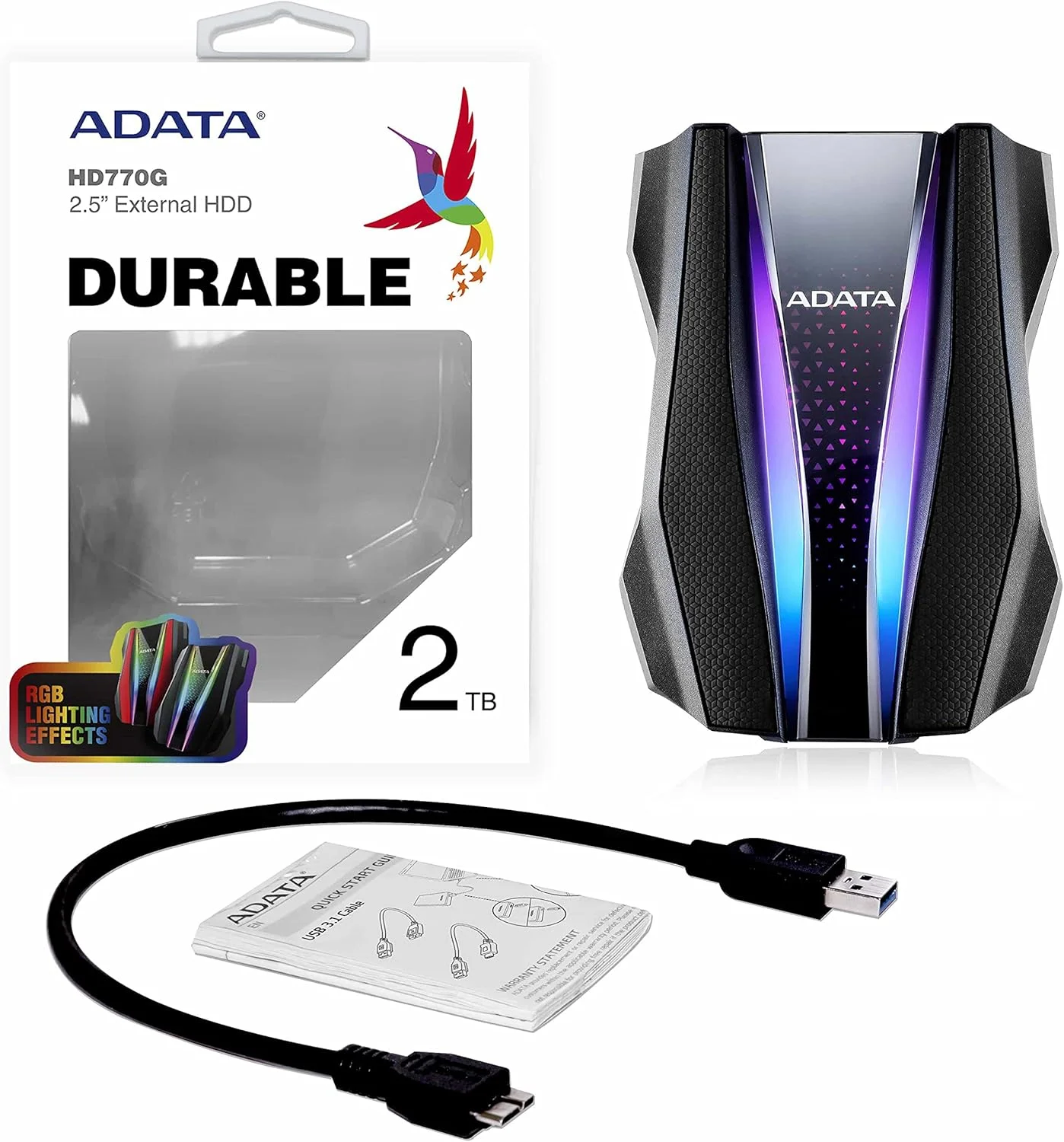 هارد اکسترنال ای دیتا HD770، 2.5 اینچی، USB 3.2، ظرفیت 2 ترابایت، مشکی، طراحی مقاوم، نورپردازی RGB، ضد آب و گرد و غبار IP68، مقاوم در برابر ضربه
