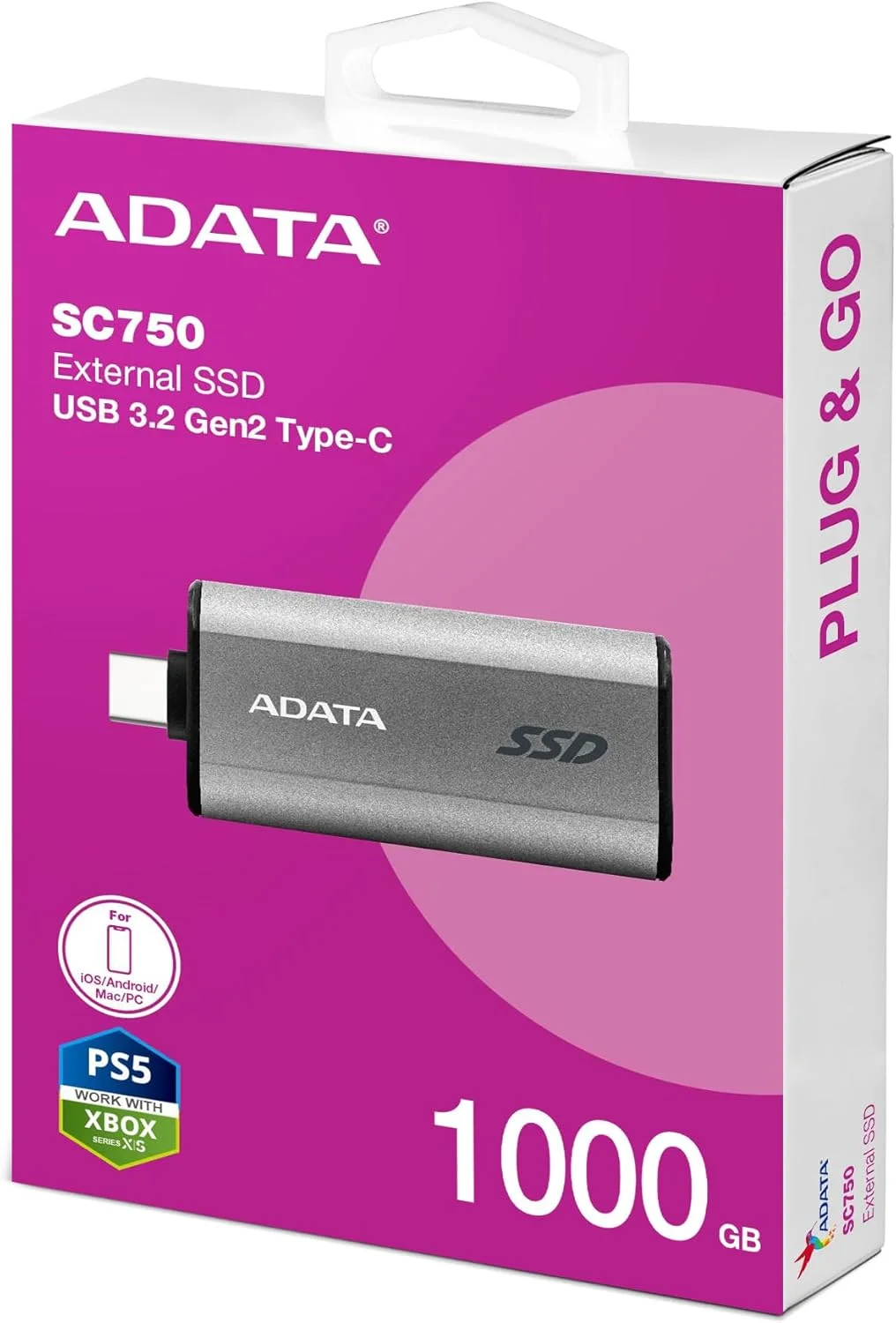 درایو SSD اکسترنال ای دیتا SC750 با ظرفیت 1 ترابایت، USB 3.2 و سرعت 1050-1000 مگابایت بر ثانیه (SC750-1000G-CCBK)
