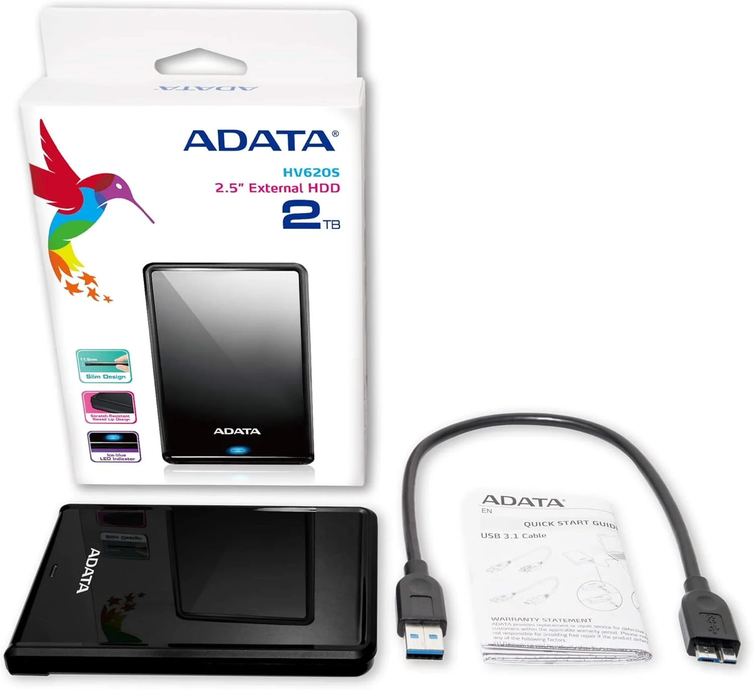 هارد اکسترنال ای دیتا HV620S با ظرفیت 1 ترابایت، USB3.1، باریک 11.5 میلی‌متری، 2.5 اینچی، مشکی