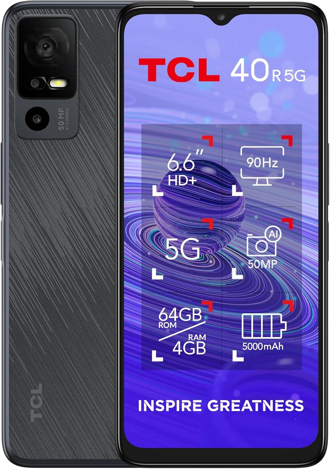 گوشی هوشمند TCL 40 R 5G، حافظه 64 گیگابایت + رم 4 گیگابایت، صفحه نمایش 6.6 اینچی، باتری 5000 میلی آمپر - خاکستری تیره