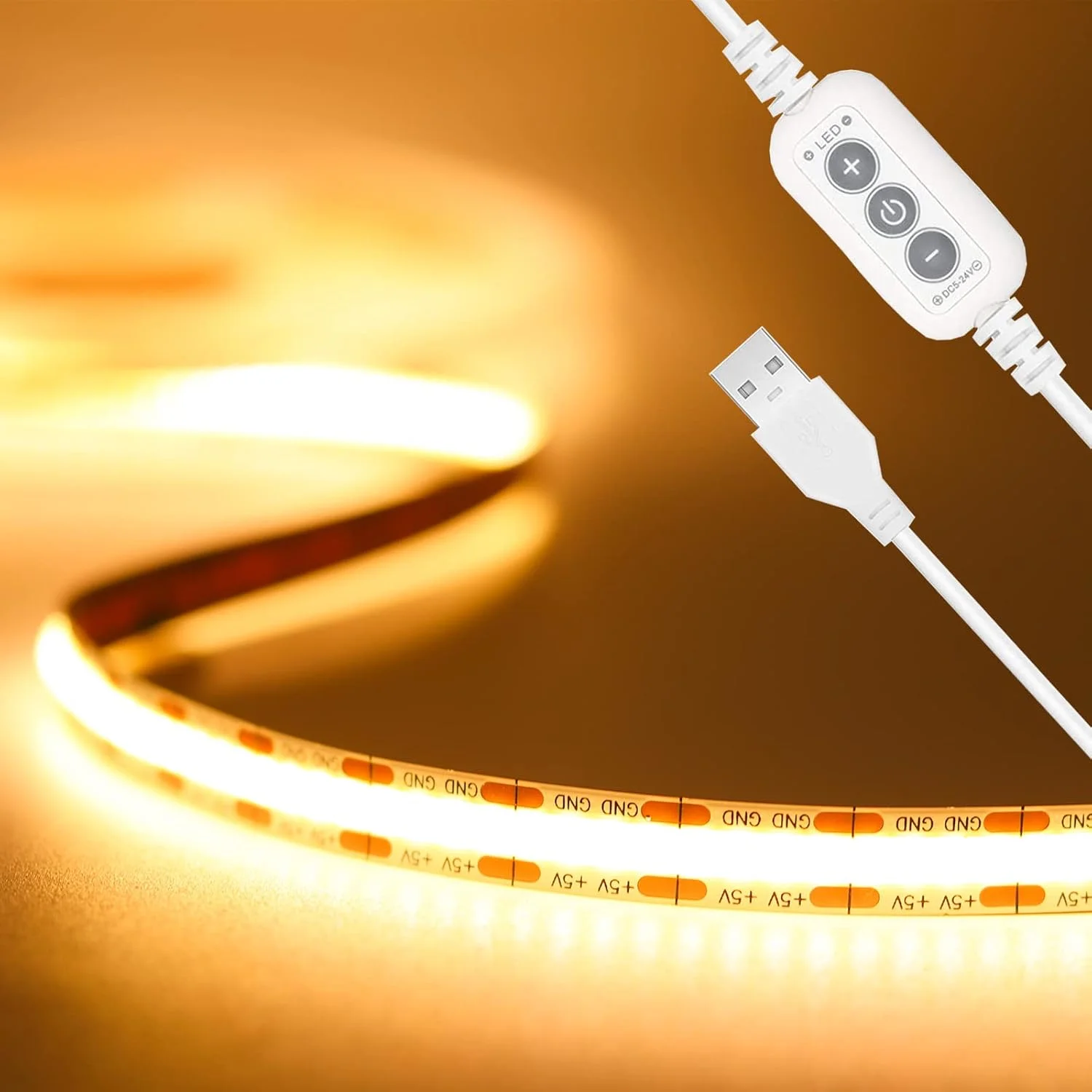 نوار چراغ LED پاتیکس 5 ولت USB، طول 2 متر، 2700 کلوین، 640 ال ای دی، 1200 لومن، نوار چراغ LED COB دیمر دار، نور سفید گرم CRI85+، نور پس زمینه تلویزیون USB، چراغ نواری انعطاف پذیر زیر کابینت برای اتاق خواب، آشپزخانه، نورپردازی DIY خانه