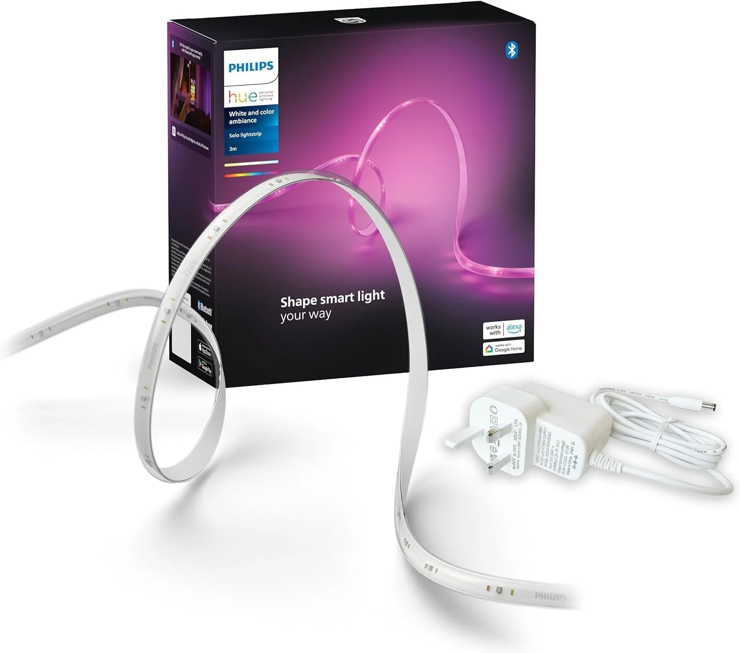 نوار LED هوشمند 3 متری فیلیپس Hue (غیر قابل کشش)، کنترل از طریق برنامه Hue، سازگار با الکسا، دستیار گوگل و Apple HomeKit، دوشاخه نوع G، کلاس انرژی G، سفید