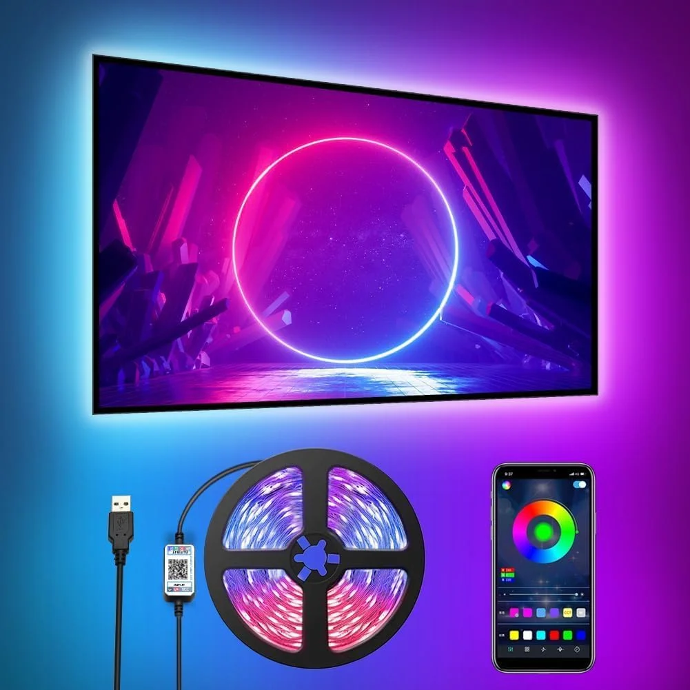 نور پس زمینه تلویزیون LED Romwish 3M، چراغ نواری LED 9.8FT با کنترل برنامه بلوتوث برای تلویزیون های 40-60 اینچی، 16 میلیون رنگ، تغییر رنگ همگام سازی موسیقی + عملکرد زمان بندی، آداپتور تغذیه شده USB