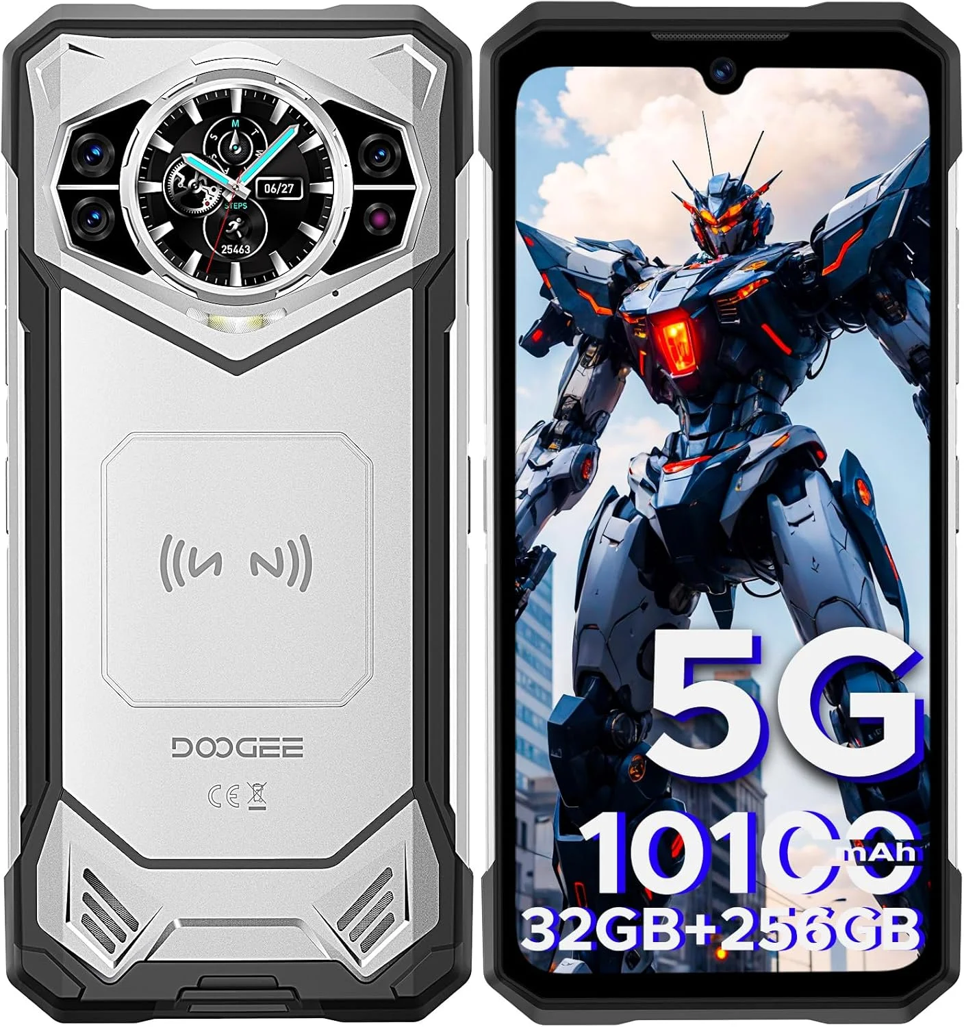 گوشی مقاوم DOOGEE S200 5G با صفحه نمایش دوگانه 6.72 اینچی FHD+1.32 اینچی، گوشی مقاوم آنلاک شده 10100mAh/33W، گوشی هوشمند 5G مقاوم آنلاک شده 32 گیگابایت + 256 گیگابایت/2 ترابایت، دوربین 100 مگاپیکسلی/شناسایی اثر انگشت/باز کردن قفل با چهره/NFC