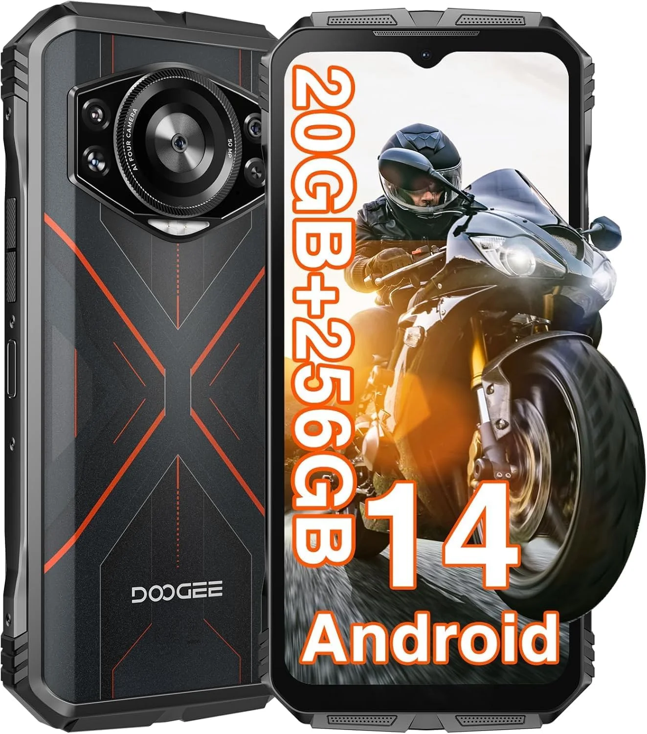 گوشی هوشمند مقاوم DOOGEE S Cyber 4G با اندروید 14، رم 20 گیگابایتی + حافظه 256 گیگابایتی، گوشی ضد آب، صفحه نمایش 6.58 اینچی HD+، باتری 10800 میلی آمپر ساعتی، دوربین 50 مگاپیکسلی AI، دو سیم کارت/OTG/GPS/NFC (قرمز)