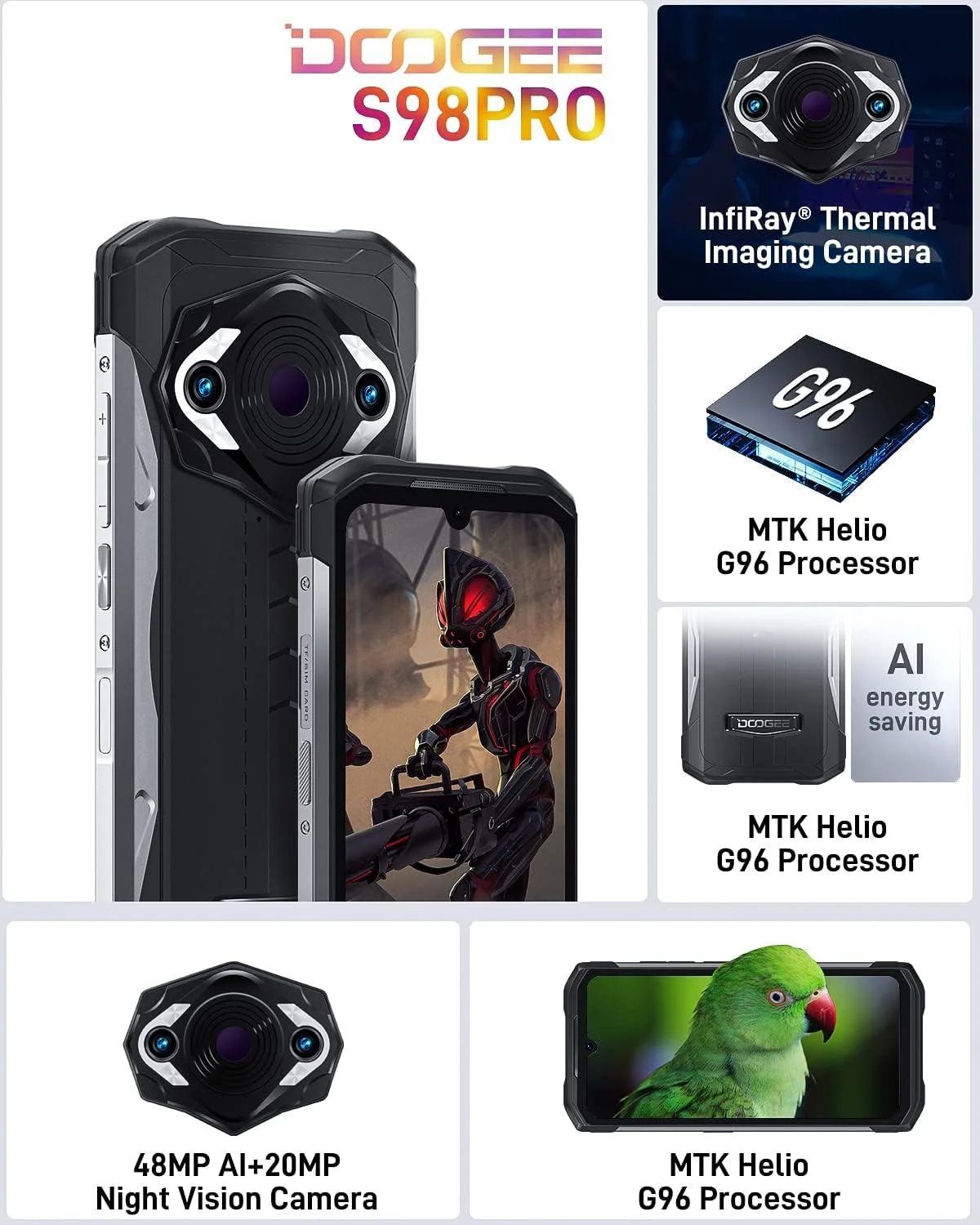 گوشی هوشمند مقاوم DOOGEE S98 Pro، دوربین حرارتی + 48 مگاپیکسل + دوربین دید در شب 20 مگاپیکسلی، 8 گیگابایت + 256 گیگابایت، صفحه نمایش 6.3 اینچی FHD+، 6000 میلی آمپر ساعت، تلفن مقاوم اندروید 12، تلفن ضد آب IP68، شارژ بی سیم، تشخیص چهره، NFC گوشی هوشمند مقاوم DOOGEE S98 Pro، دوربین حرارتی + 48 مگاپیکسل + دوربین دید در شب 20 مگاپیکسلی، 8 گیگابایت + 256 گیگابایت، صفحه نمایش 6.3 اینچی FHD+، 6000 میلی آمپر ساعت، تلفن مقاوم اندروید 12، تلفن ضد آب IP68، شارژ بی سیم، تشخیص چهره، NFC