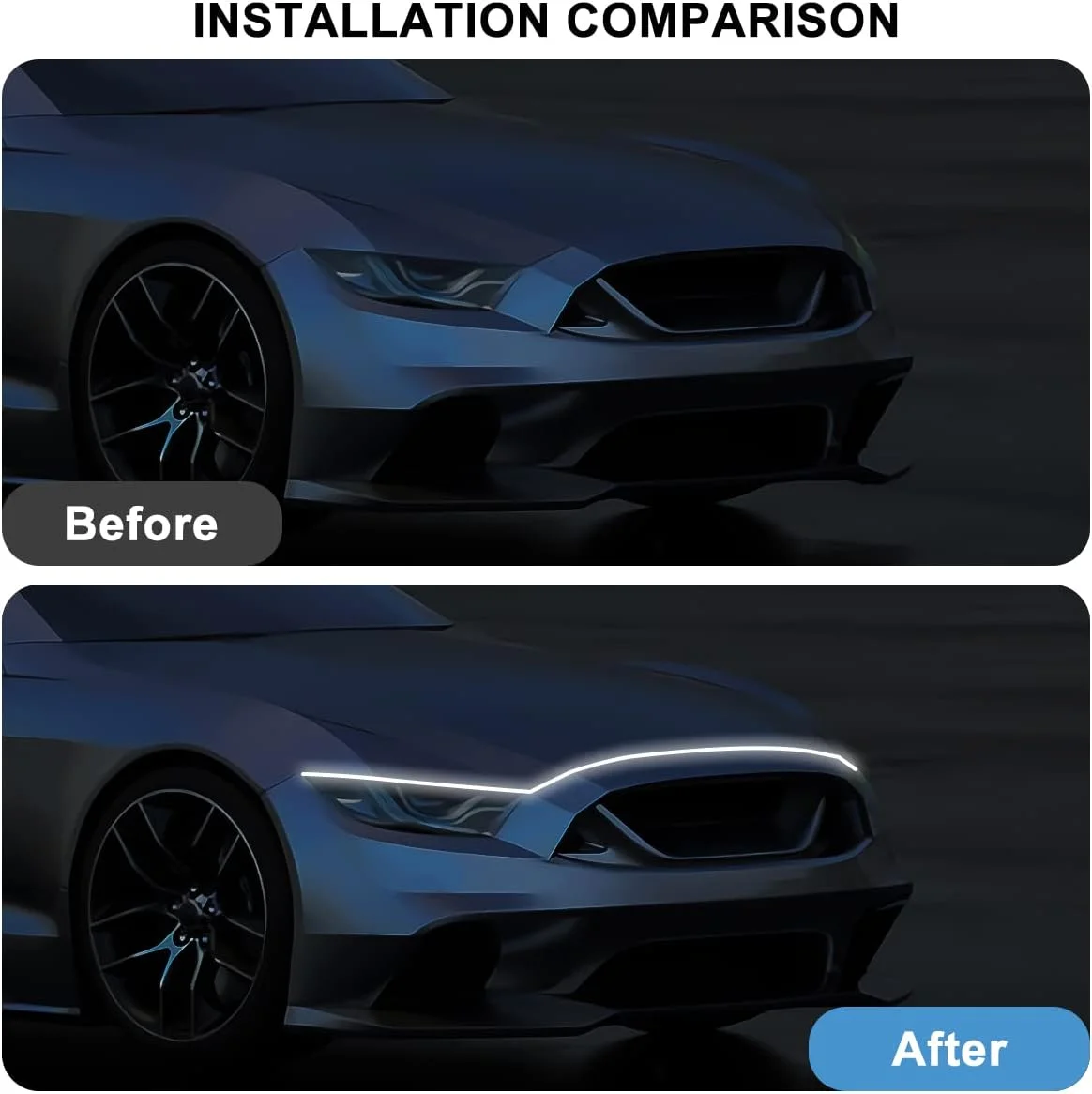 چراغ نواری ال ای دی کاپوت خودرو Senbos، چراغ های جلوی انعطاف پذیر 71 اینچی ضد آب، چراغ های روشنایی روز خارجی خودرو، چراغ کاپوت برای خودرو و کامیون