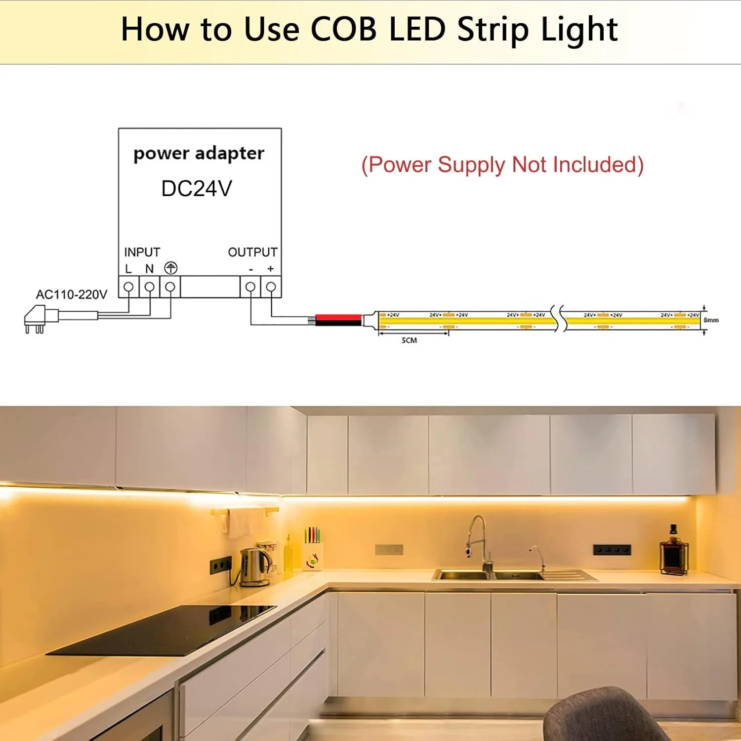 نوار LED COB سیریویی 5 متری، سفید گرم 2700K، 480LED در متر، CRI 90+ برای کابینت آشپزخانه خانه DIY پروژه های نورپردازی داخلی نوار LED COB سیریویی 5 متری، سفید گرم 2700K، 480LED در متر، CRI 90+ برای کابینت آشپزخانه خانه DIY پروژه های نورپردازی داخلی