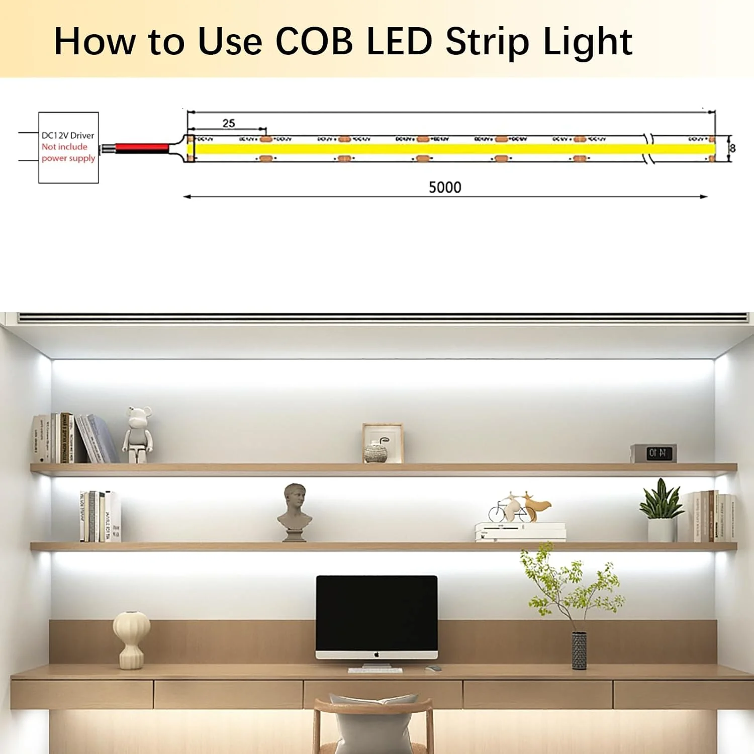 نوار LED COB سیریویی 12 ولت 5 متری، نوار چراغ LED سفید مهتابی 6000K با 480 LED در متر، CRI 90+، عرض 8 میلی متر، نور نوار LED یکنواخت و بدون نقطه برای پروژه های DIY خانه کابینت اتاق (بدون منبع تغذیه) نوار LED COB سیریویی 12 ولت 5 متری، نوار چراغ LED سفید مهتابی 6000K با 480 LED در متر، CRI 90+، عرض 8 میلی متر، نور نوار LED یکنواخت و بدون نقطه برای پروژه های DIY خانه کابینت اتاق (بدون منبع تغذیه)