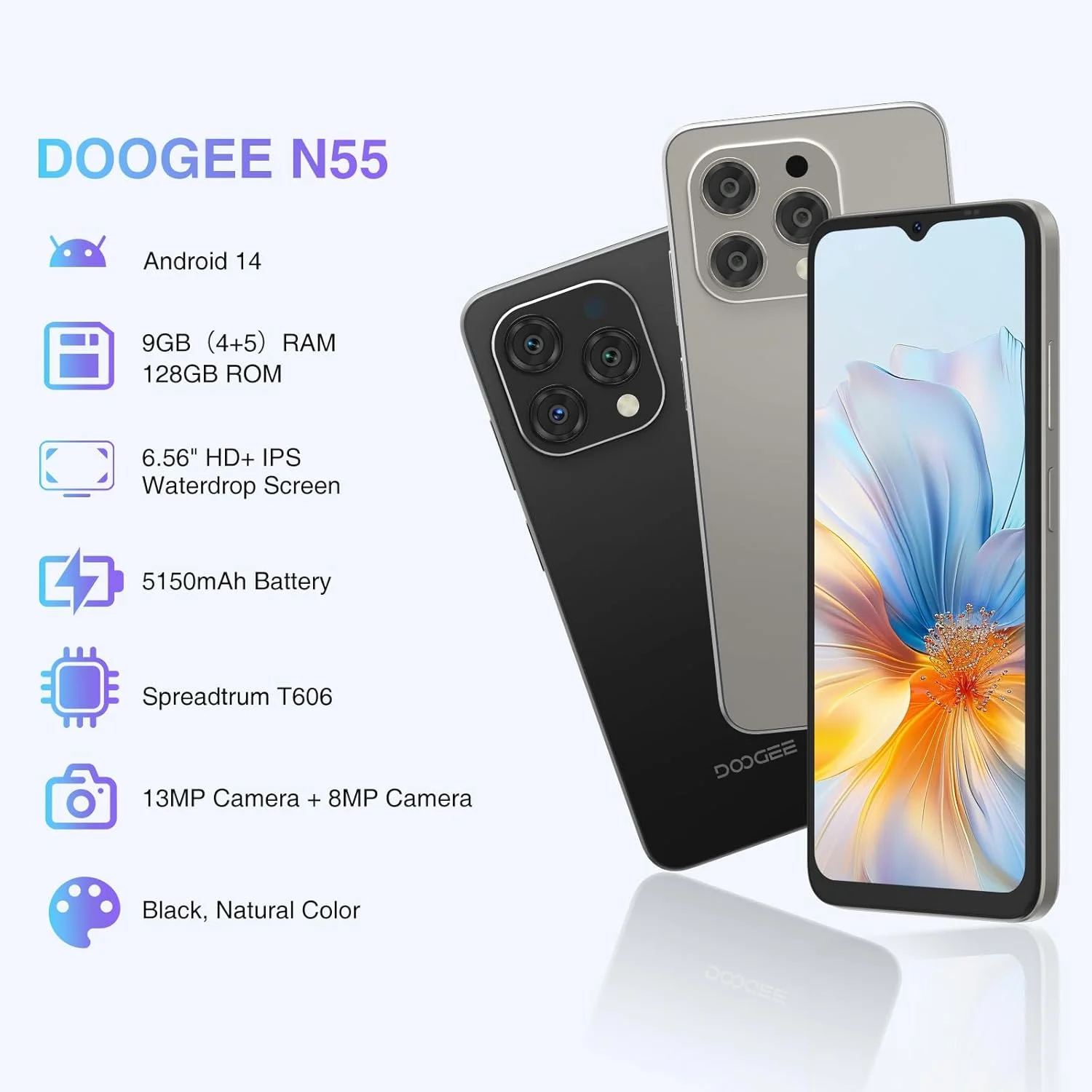 گوشی موبایل DOOGEE N55 (2025) اندروید 14، 9 گیگابایت رم + 128 گیگابایت حافظه قابل ارتقا تا 1 ترابایت، صفحه نمایش 6.56 اینچی HD+ 90 هرتز، باتری 5150 میلی آمپر، دوربین 13 مگاپیکسل + 8 مگاپیکسل، دو سیم کارت 4G، بازگشایی با چهره، OTG/T-Mobile گوشی موبایل DOOGEE N55 (2025) اندروید 14، 9 گیگابایت رم + 128 گیگابایت حافظه قابل ارتقا تا 1 ترابایت، صفحه نمایش 6.56 اینچی HD+ 90 هرتز، باتری 5150 میلی آمپر، دوربین 13 مگاپیکسل + 8 مگاپیکسل، دو سیم کارت 4G، بازگشایی با چهره، OTG/T-Mobile