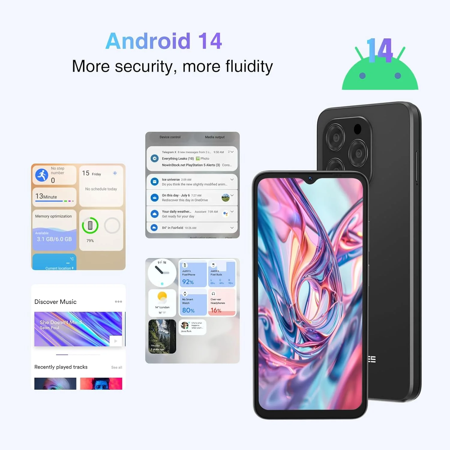 گوشی موبایل DOOGEE N55 (2025) اندروید 14، 9 گیگابایت رم + 128 گیگابایت حافظه قابل ارتقا تا 1 ترابایت، صفحه نمایش 6.56 اینچی HD+ 90 هرتز، باتری 5150 میلی آمپر، دوربین 13 مگاپیکسل + 8 مگاپیکسل، دو سیم کارت 4G، بازگشایی با چهره، OTG/T-Mobile گوشی موبایل DOOGEE N55 (2025) اندروید 14، 9 گیگابایت رم + 128 گیگابایت حافظه قابل ارتقا تا 1 ترابایت، صفحه نمایش 6.56 اینچی HD+ 90 هرتز، باتری 5150 میلی آمپر، دوربین 13 مگاپیکسل + 8 مگاپیکسل، دو سیم کارت 4G، بازگشایی با چهره، OTG/T-Mobile