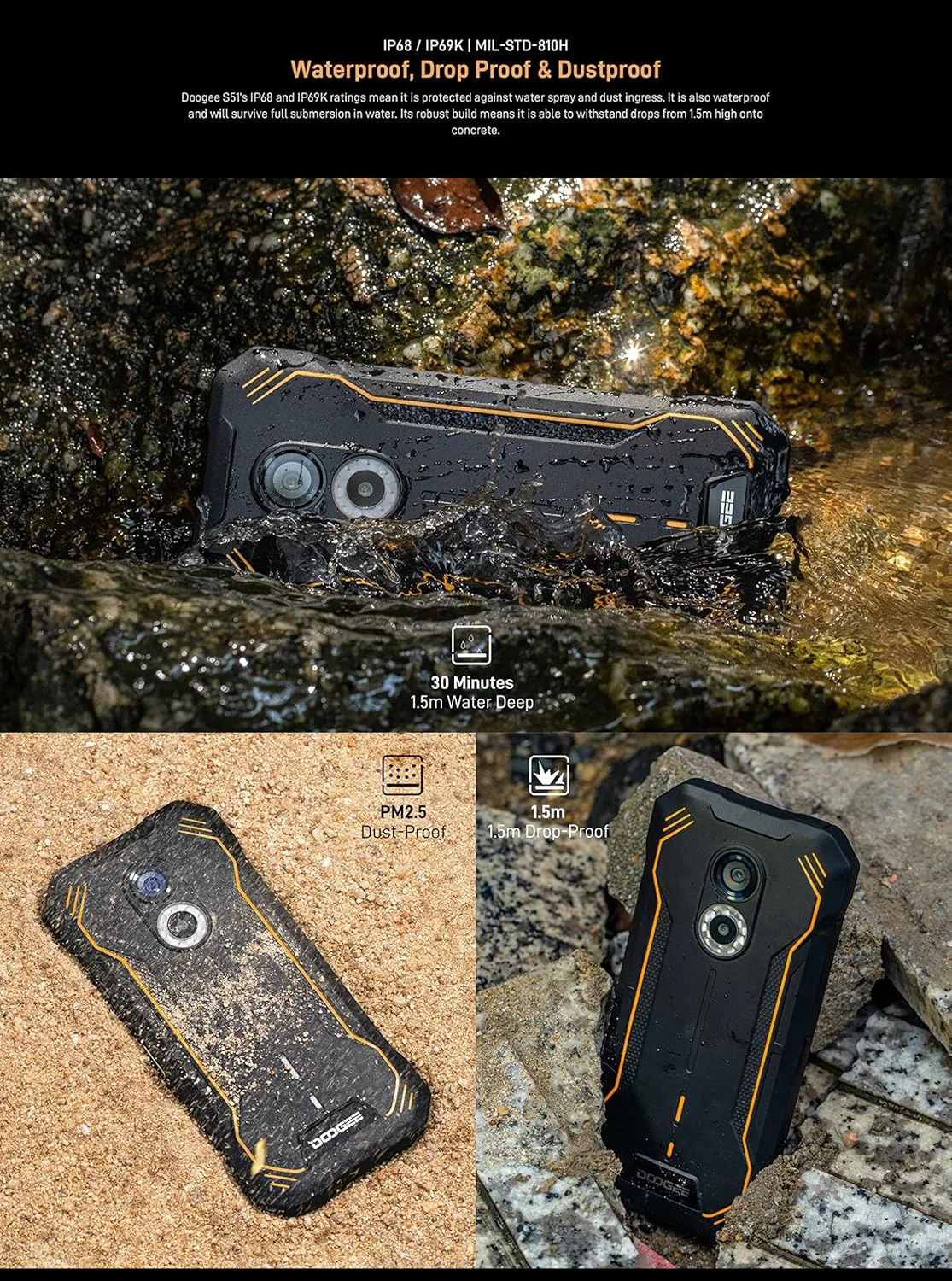 گوشی موبایل مقاوم DOOGEE Android 12 مدل S51، هشت هسته ای 2.0 گیگاهرتز، 4 گیگابایت رم + 64 گیگابایت حافظه داخلی، دو سیم کارت + SD (3 اسلات)، گوشی هوشمند ضد آب IP68 مناسب فضای باز، صفحه نمایش 6.0 اینچی HD+ گوریلا گلس، دوربین دوگانه 12 مگاپیکسلی، GPS NFC مشکی گوشی موبایل مقاوم DOOGEE Android 12 مدل S51، هشت هسته ای 2.0 گیگاهرتز، 4 گیگابایت رم + 64 گیگابایت حافظه داخلی، دو سیم کارت + SD (3 اسلات)، گوشی هوشمند ضد آب IP68 مناسب فضای باز، صفحه نمایش 6.0 اینچی HD+ گوریلا گلس، دوربین دوگانه 12 مگاپیکسلی، GPS NFC مشکی