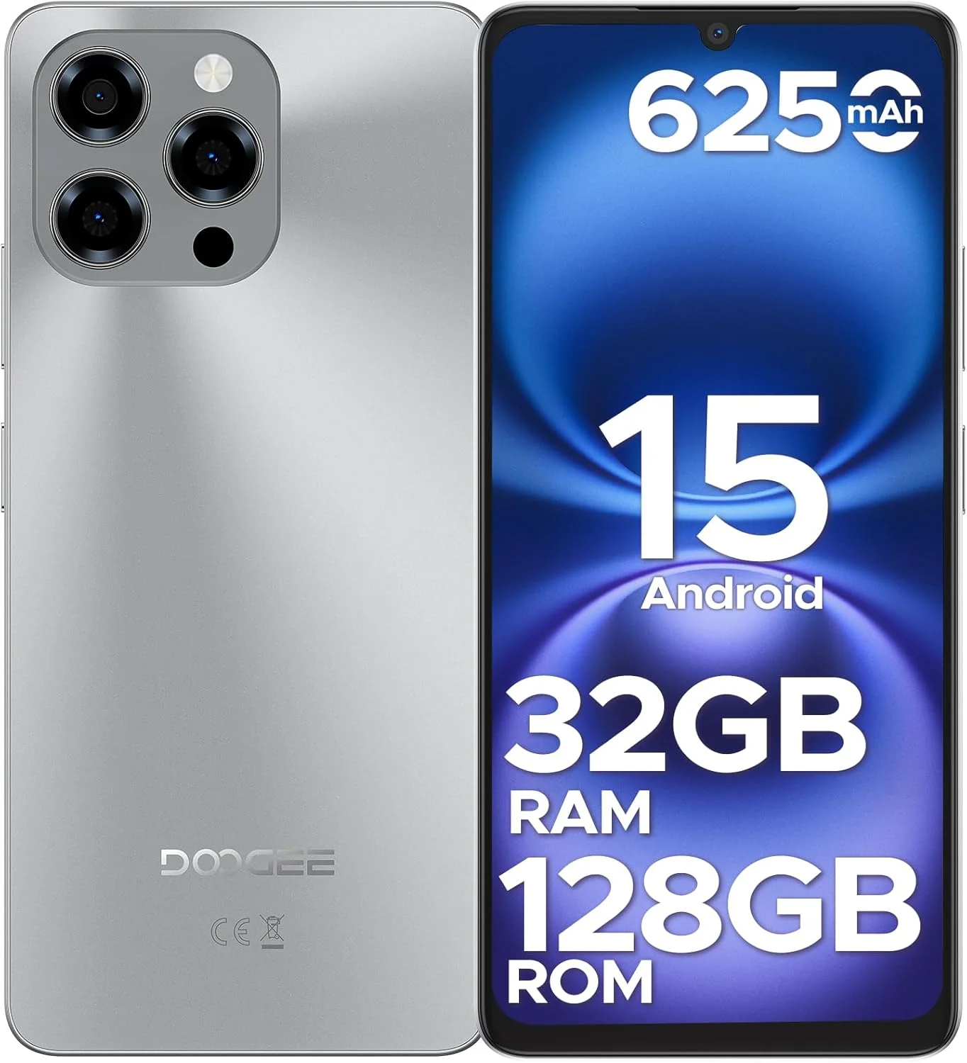 گوشی موبایل آنلاک شده DOOGEE Note 58، گوشی هوشمند اندروید 15 با 32 گیگابایت + 128 گیگابایت/2 ترابایت توسعه TF، باتری 6250 میلی آمپر ساعتی، تلفن همراه 6.75 اینچی HD+ 90 هرتز، تلفن های هوشمند موبایل 4G دو سیم کارت، Widevine L1/NFC/OTG/باز کردن قفل با چهره، طبیعی
