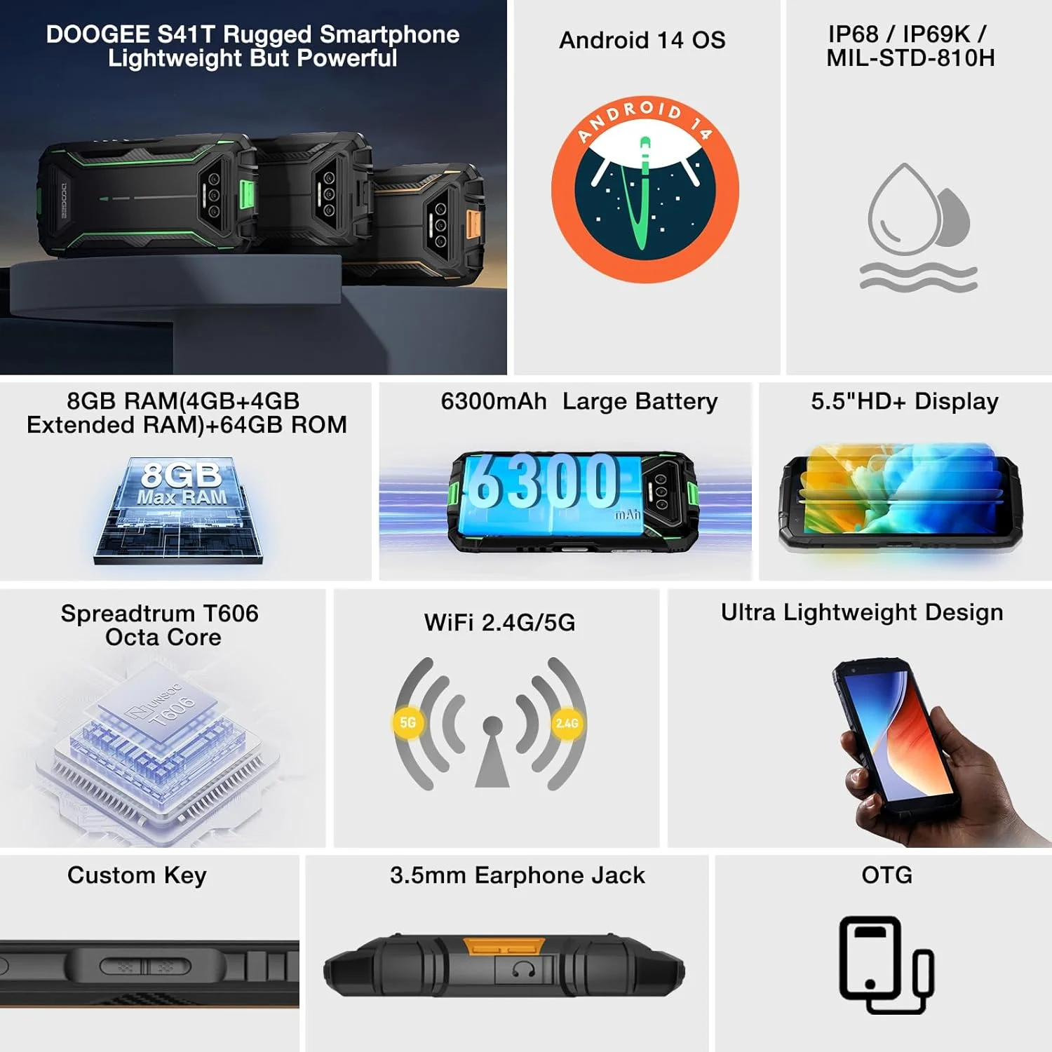 گوشی مقاوم DOOGEE S41 Pro، اندروید 12، 6300mAh، 7 گیگابایت + 32 گیگابایت (قابل ارتقا تا 1 ترابایت)، صفحه نمایش 5.5 اینچی HD+، دوربین 13 مگاپیکسلی، تلفن 4G دو سیم کارته ضد آب IP68، تشخیص چهره، NFC (مشکی) گوشی مقاوم DOOGEE S41 Pro، اندروید 12، 6300mAh، 7 گیگابایت + 32 گیگابایت (قابل ارتقا تا 1 ترابایت)، صفحه نمایش 5.5 اینچی HD+، دوربین 13 مگاپیکسلی، تلفن 4G دو سیم کارته ضد آب IP68، تشخیص چهره، NFC (مشکی)