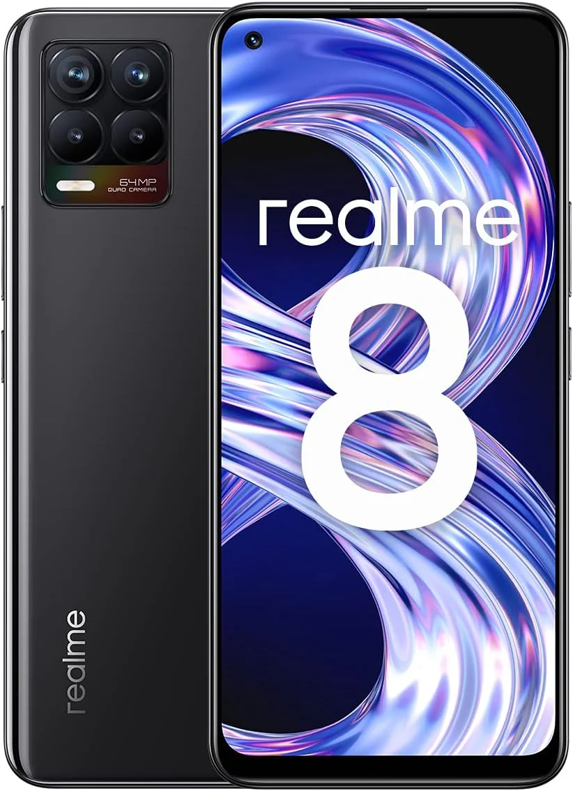 گوشی موبایل Realme 8، گوشی هوشمند آنلاک شده بدون سیم کارت با دوربین چهارگانه هوش مصنوعی 64 مگاپیکسلی، صفحه نمایش 6.4 اینچی Super AMOLED، شارژ سریع 30 واتی Dart، باتری عظیم 5000 میلی آمپر ساعتی، دو سیم کارت، NFC، 6 + 128 گیگابایت، مشکی سایبری