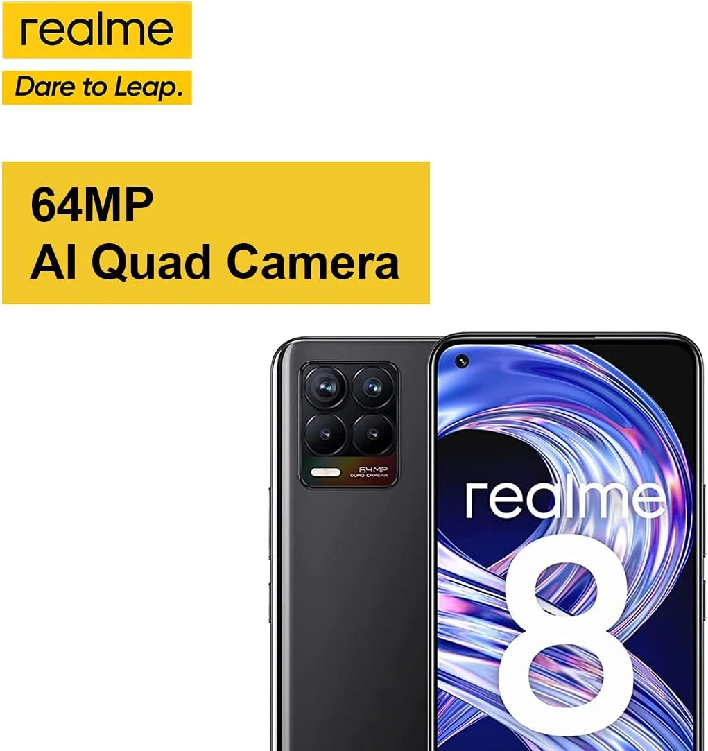 گوشی موبایل Realme 8، گوشی هوشمند آنلاک شده بدون سیم کارت با دوربین چهارگانه هوش مصنوعی 64 مگاپیکسلی، صفحه نمایش 6.4 اینچی Super AMOLED، شارژ سریع 30 واتی Dart، باتری عظیم 5000 میلی آمپر ساعتی، دو سیم کارت، NFC، 6 + 128 گیگابایت، مشکی سایبری