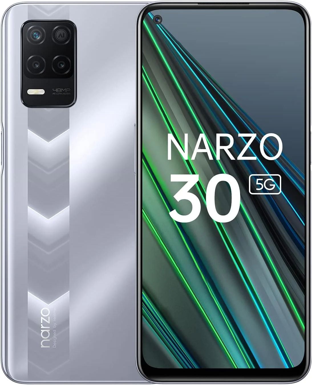 گوشی هوشمند 5G دو سیم کارته Realme Narzo 30 با حافظه داخلی 128 گیگابایت و رم 4 گیگابایت (فقط GSM | بدون CDMA) - نسخه بین المللی (نقره ای مسابقه ای)