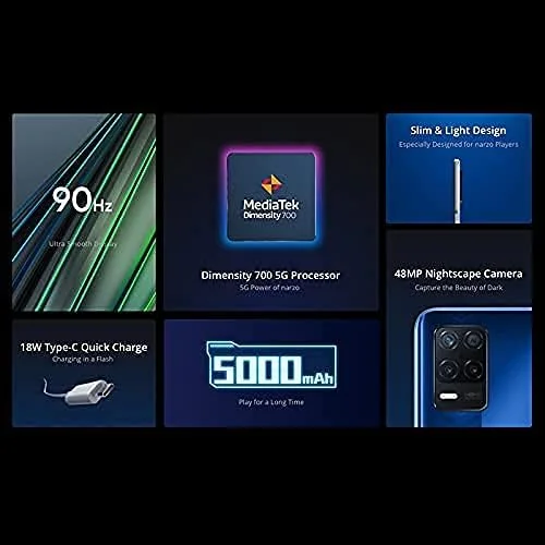 گوشی موبایل دو سیم کارته Realme Narzo 30 با حافظه داخلی 128 گیگابایت و رم 4 گیگابایت (فقط GSM | بدون CDMA) نسخه بین المللی، آنلاک شده کارخانه ای، 5G (آبی مسابقه ای)