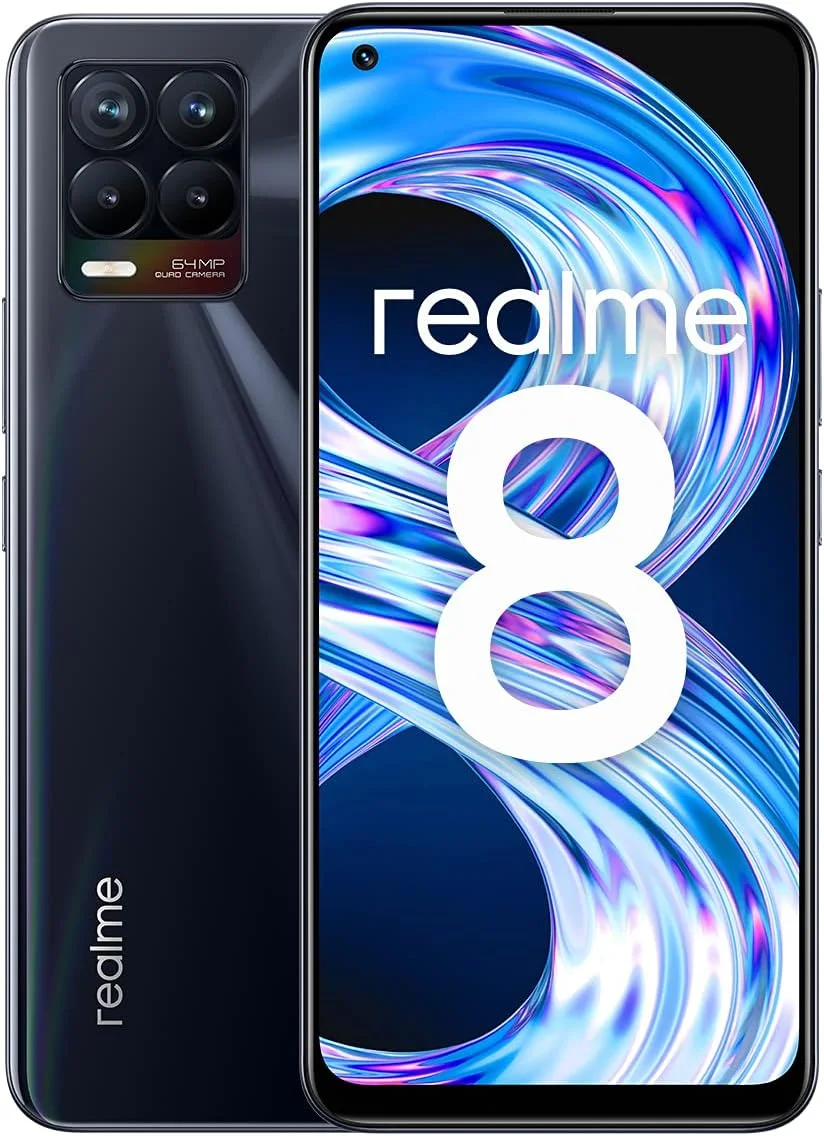 گوشی موبایل ریلمی 8، 6+128 گیگابایت، مشکی پانک، بدون سیم کارت و آنلاک شده، صفحه نمایش 6.4 اینچی AMOLED، دوربین چهارگانه 64 مگاپیکسلی AI، باتری عظیم 5000 میلی آمپر ساعتی + گارانتی انگلستان