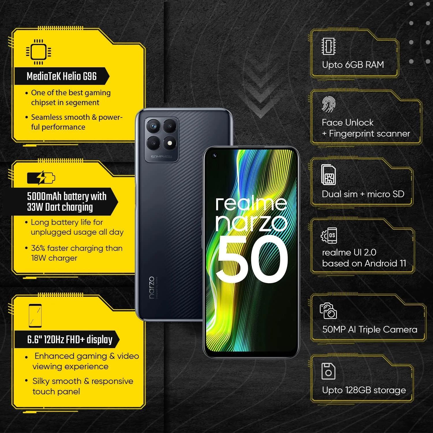 گوشی موبایل realme narzo 50 (مشکی سرعت، 6 گیگابایت رم + 128 گیگابایت حافظه داخلی) پردازنده Helio G96 | دوربین سه گانه 50 مگاپیکسلی AI | نمایشگر فوق العاده روان 120 هرتز