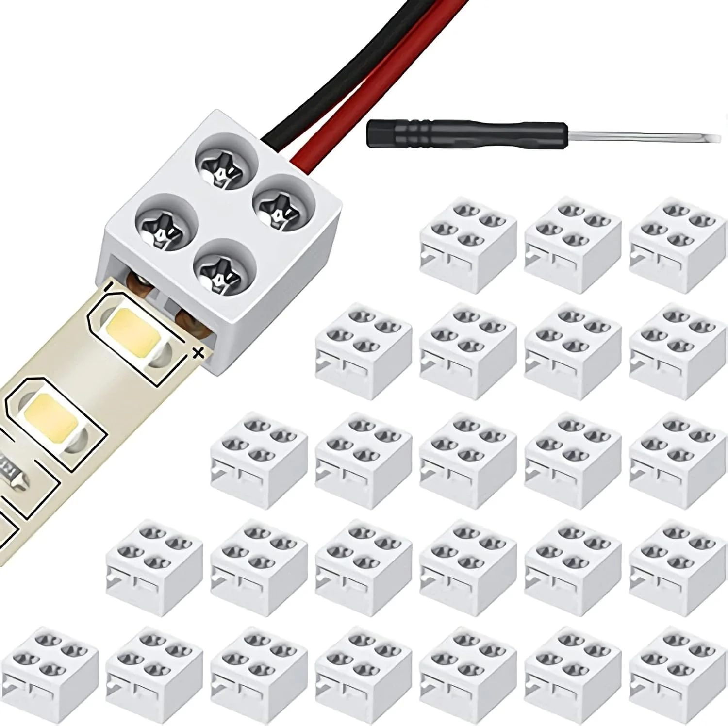 بسته 25 عددی اتصال دهنده نوار LED بدون لحیم کاری، اتصال دهنده بلوک ترمینال 2 پین، اتصال دهنده نوار LED پیچی 8 میلی متری نوار به سیم برای چراغ های نوار LED تک رنگ 5 ولت 12 ولت 24 ولت، سفید، شامل پیچ گوشتی