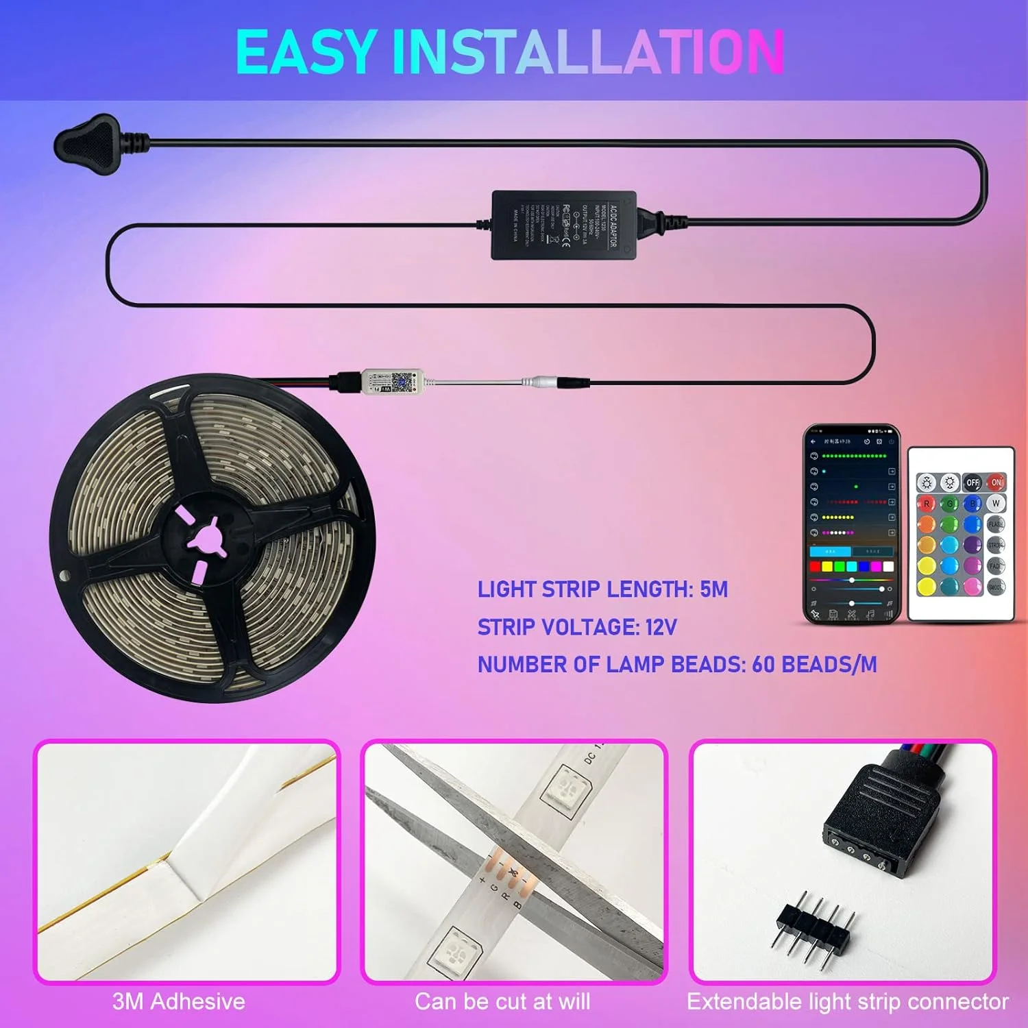 چراغ نواری ال ای دی 5 متری SKY-TOUCH با ریموت کنترل، چراغ RGB هوشمند بلوتوثی با کنترل برنامه، چراغ نواری ال ای دی همگام سازی موسیقی، گزینه های رنگی DIY چراغ نواری ال ای دی برای دکوراسیون منزل، بار، آشپزخانه، مهمانی چراغ نواری ال ای دی 5 متری SKY-TOUCH با ریموت کنترل، چراغ RGB هوشمند بلوتوثی با کنترل برنامه، چراغ نواری ال ای دی همگام سازی موسیقی، گزینه های رنگی DIY چراغ نواری ال ای دی برای دکوراسیون منزل، بار، آشپزخانه، مهمانی