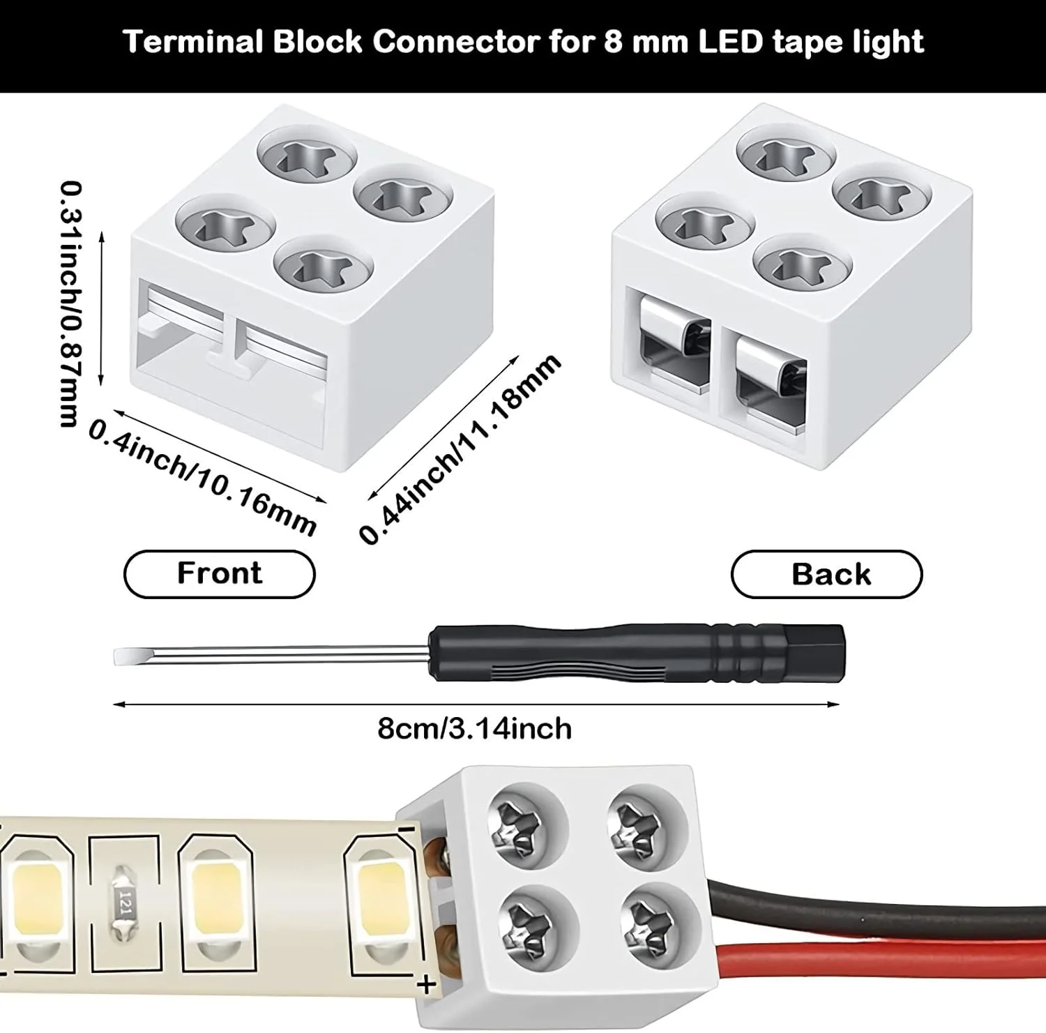 بسته 25 عددی اتصال دهنده نوار LED بدون لحیم کاری، اتصال دهنده بلوک ترمینال 2 پین، اتصال دهنده نوار LED پیچی 8 میلی متری نوار به سیم برای چراغ های نوار LED تک رنگ 5 ولت 12 ولت 24 ولت، سفید، شامل پیچ گوشتی بسته 25 عددی اتصال دهنده نوار LED بدون لحیم کاری، اتصال دهنده بلوک ترمینال 2 پین، اتصال دهنده نوار LED پیچی 8 میلی متری نوار به سیم برای چراغ های نوار LED تک رنگ 5 ولت 12 ولت 24 ولت، سفید، شامل پیچ گوشتی